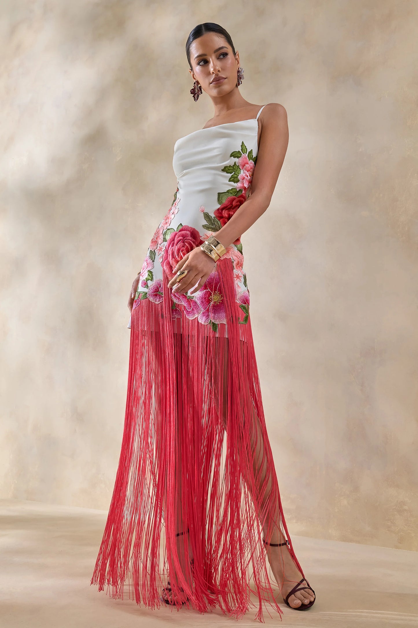 Bejewelled Cream and Pink Floral Cowl-Neck Maxi Dress With Fringe Hem