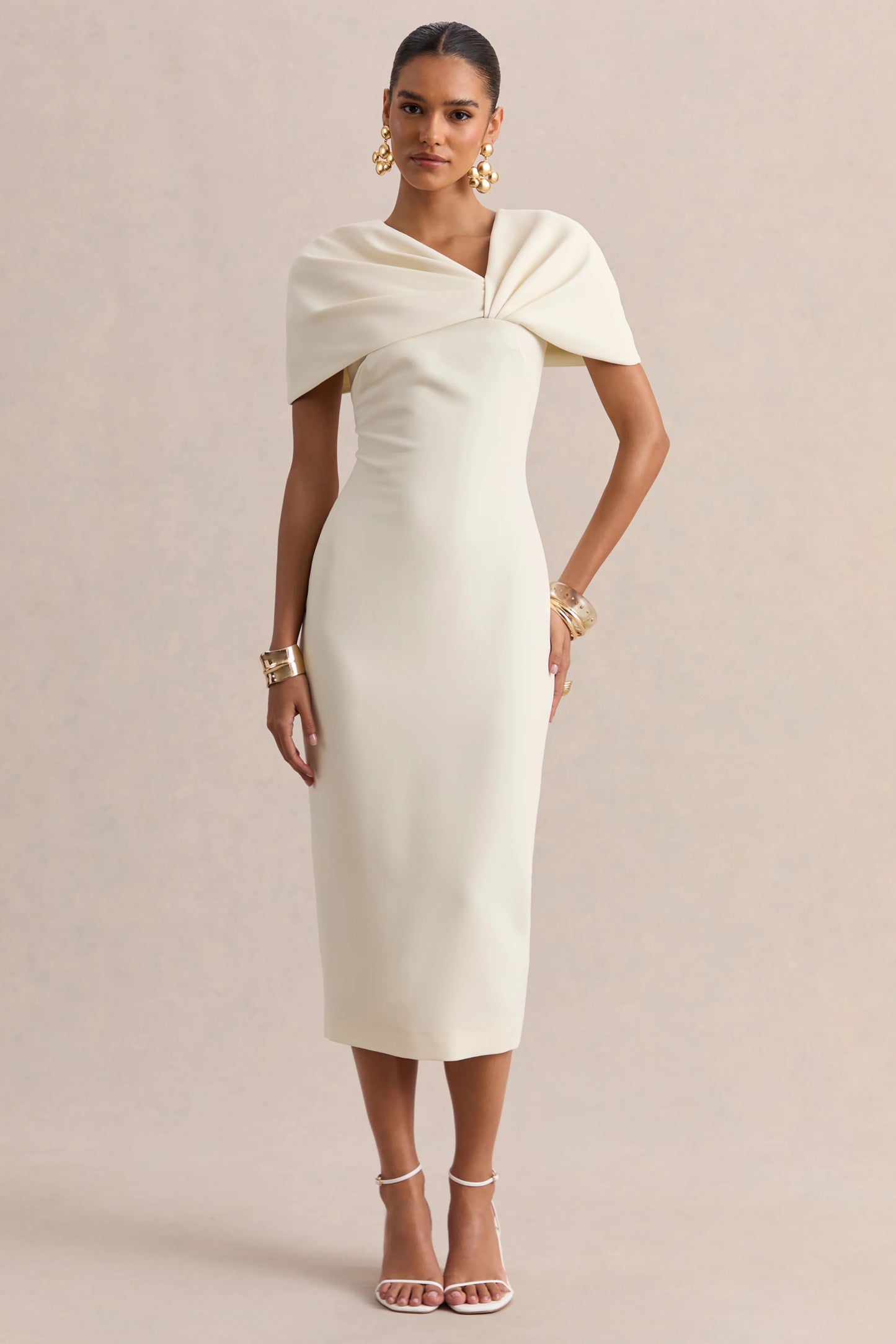 Novalie Cream V-Neck Midi Dress With Twist-Detail