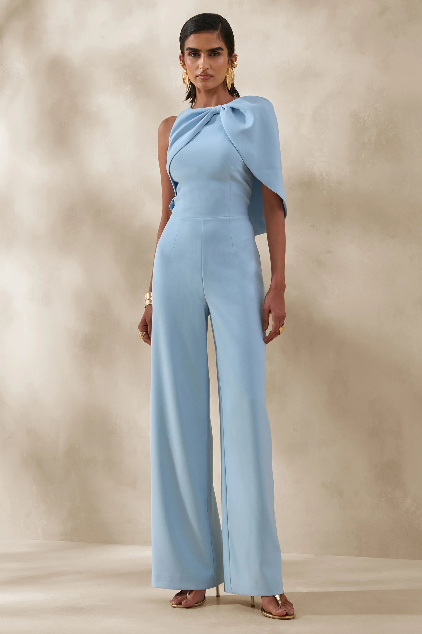 Quinley Powder Blue Asymmetric-Neck Jumpsuit With Cape-Sleeve