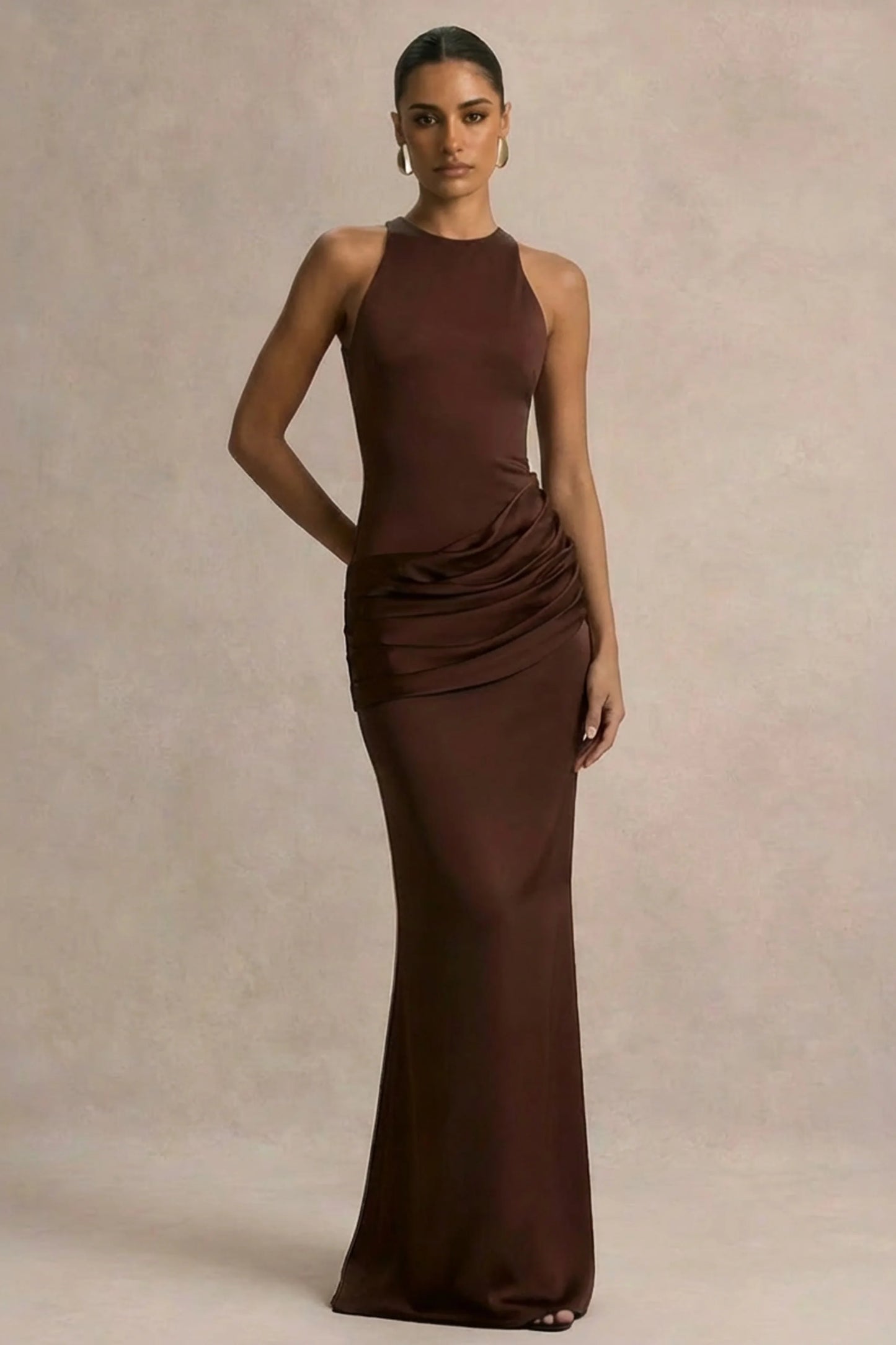 Akari Brown Crew-Neck Maxi Dress With Satin Skirt