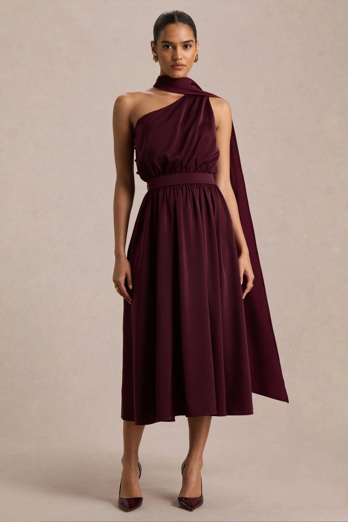 Caluna Burgundy Satin Asymmetric-Neck Midi Dress With Scarf-Detail