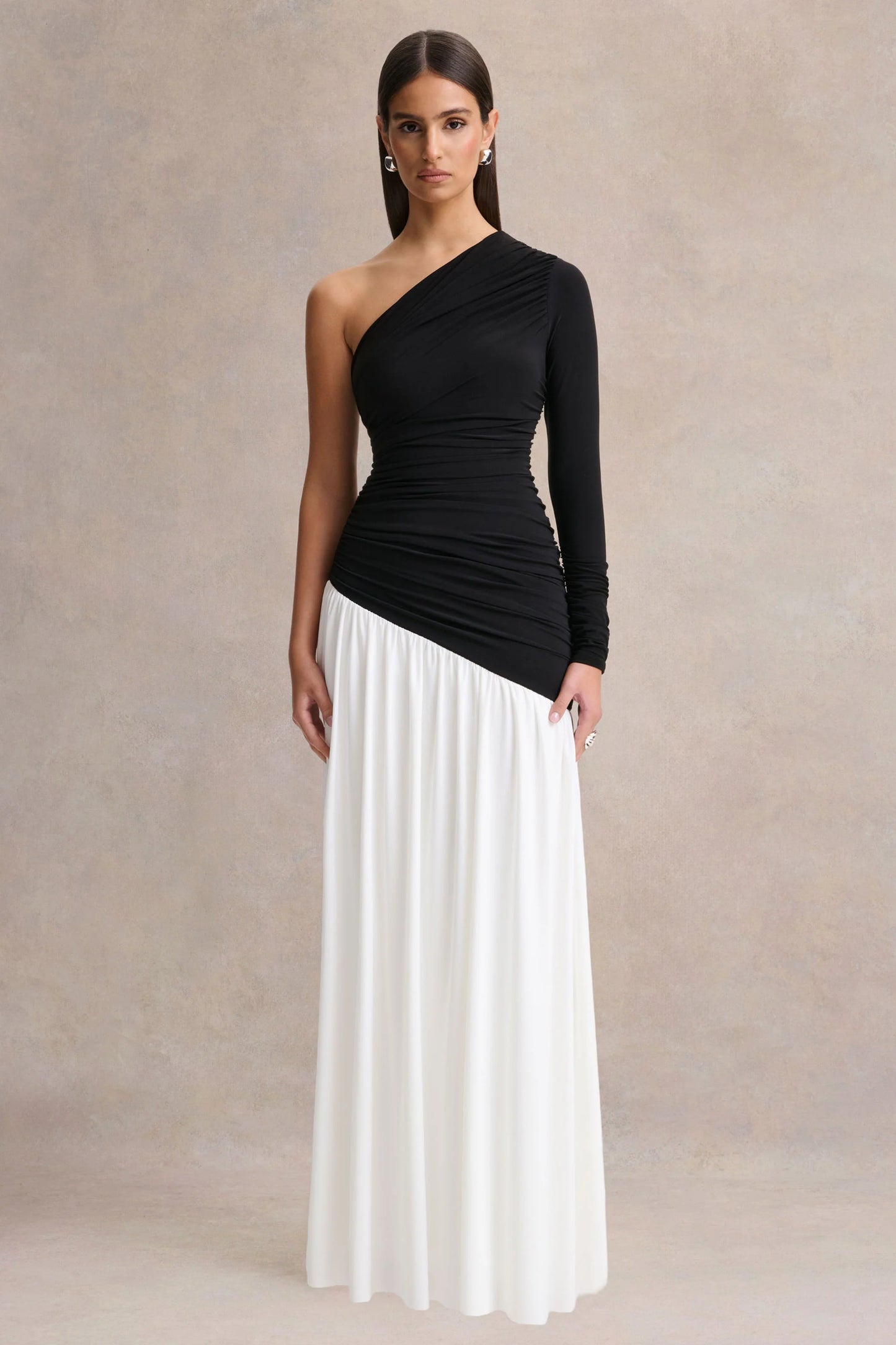 Danila Black And White Asymmetric-Neck Maxi Dress With Drop-Waist