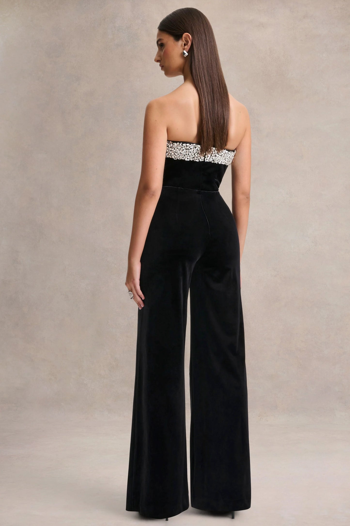 Emelie Black Velvet Hand-Embellished Bandeau Jumpsuit