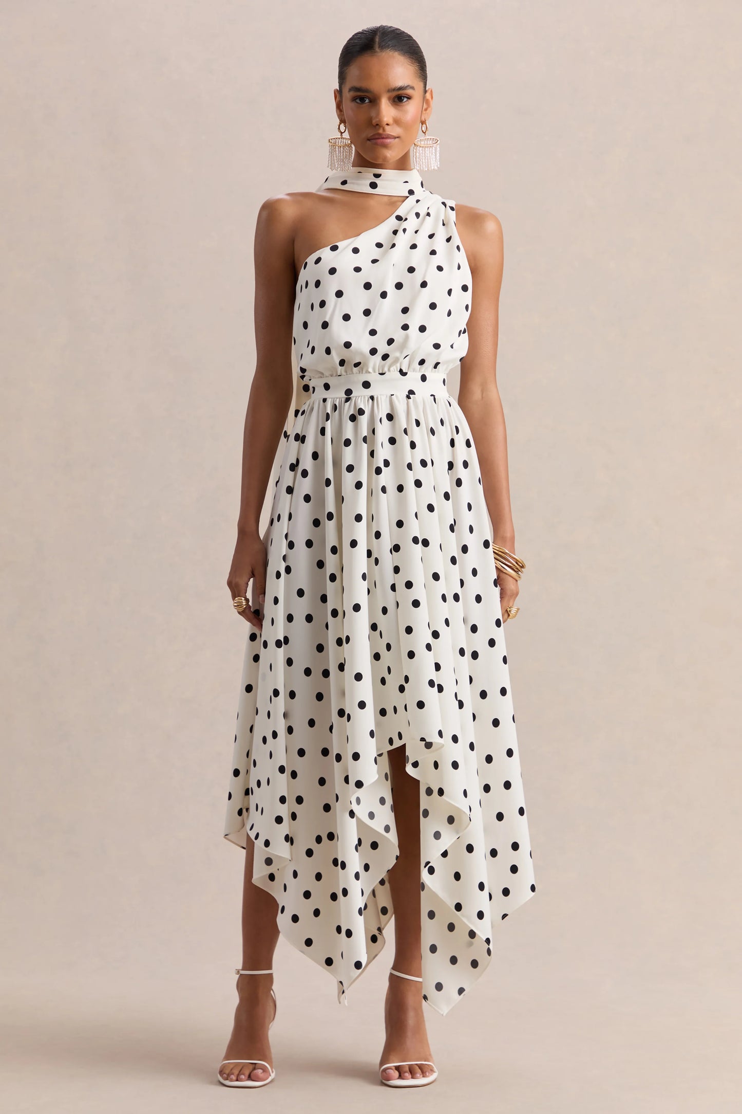 Caluna White And Black Polka Dot Satin Asymmetric-Neck Midi Dress With Scarf-Detail