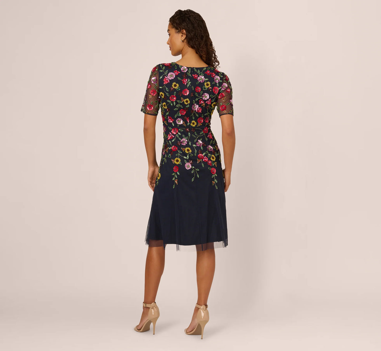 Short Sleeve Floral Beaded Midi Dress In Navy Multi