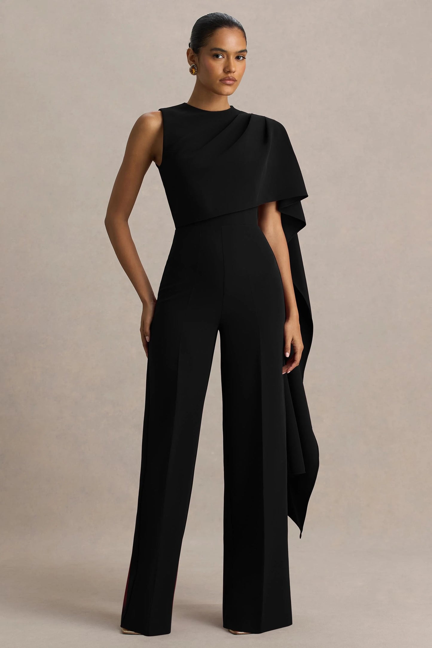 Sorenia Black High-Neck Jumpsuit With One-Cape Sleeve