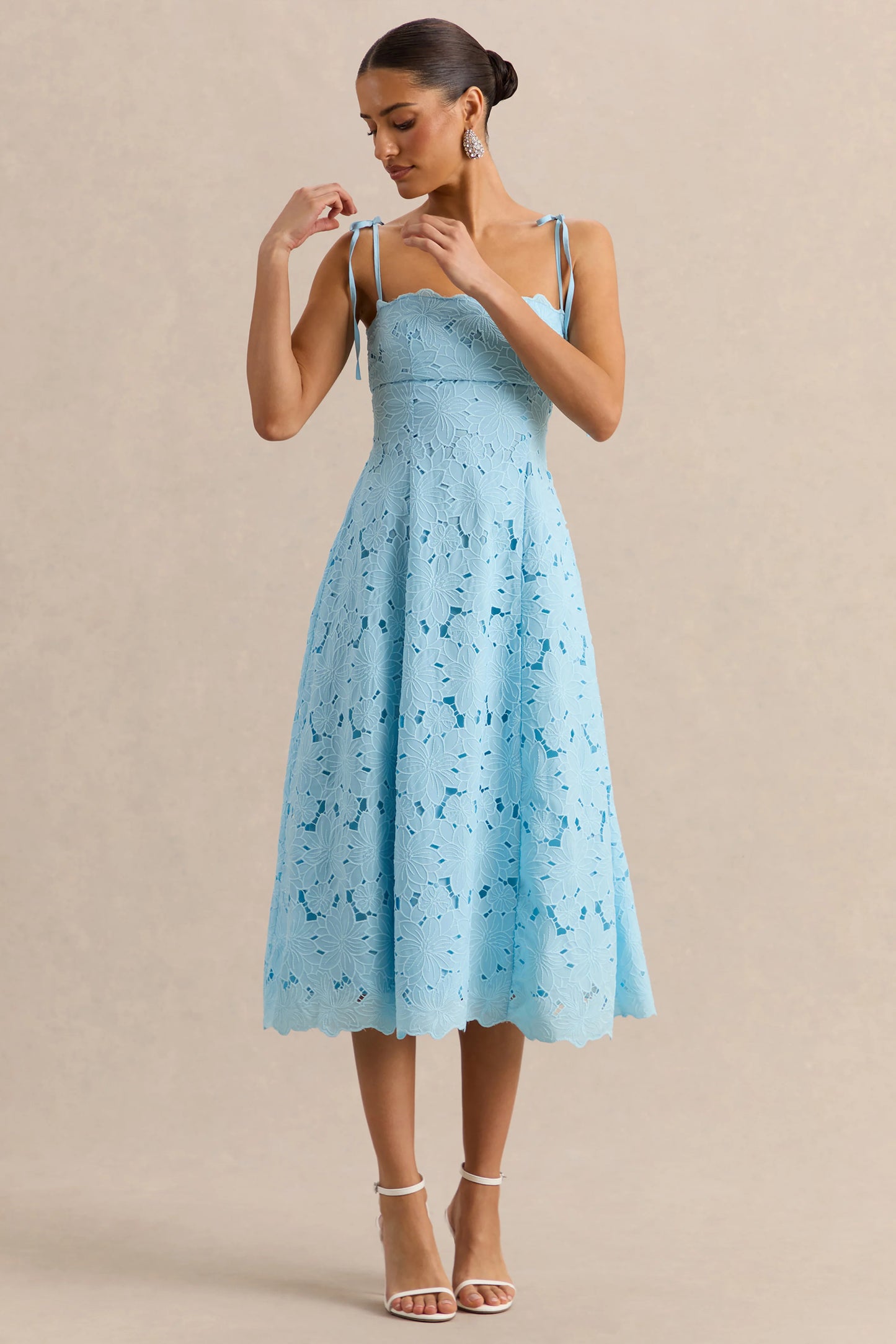 Anna Embroidered Powder Blue Square-Neck Midi Dress