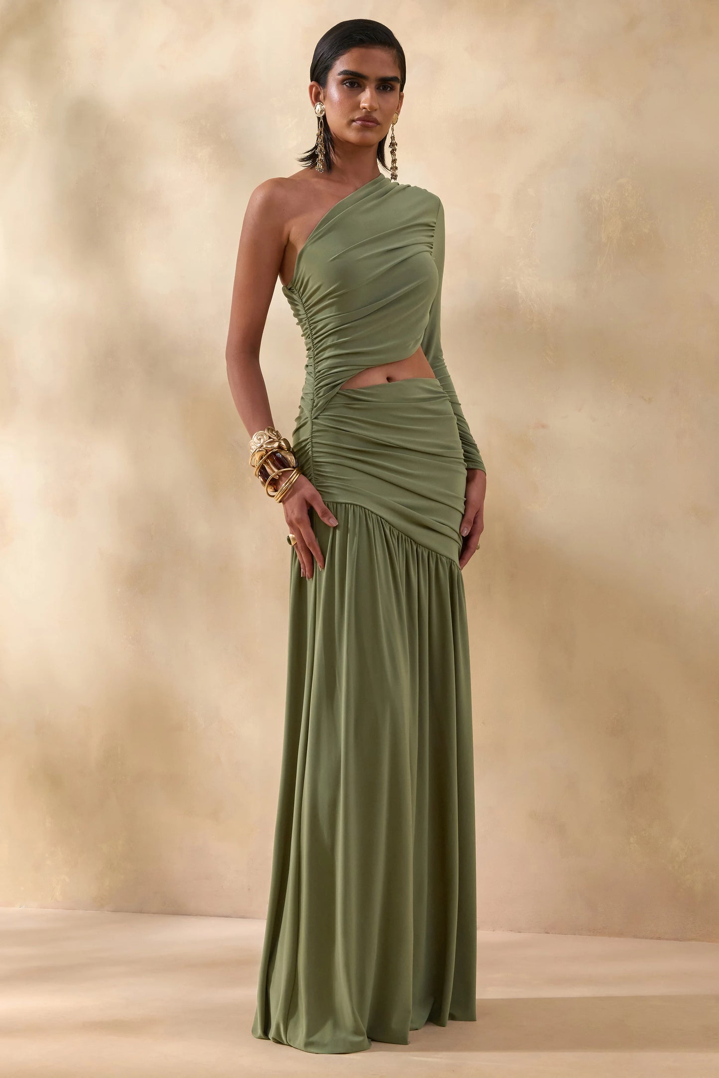 Kinsley Olive Asymmetric-Neck Maxi Dress With Body Cut-Out Detail