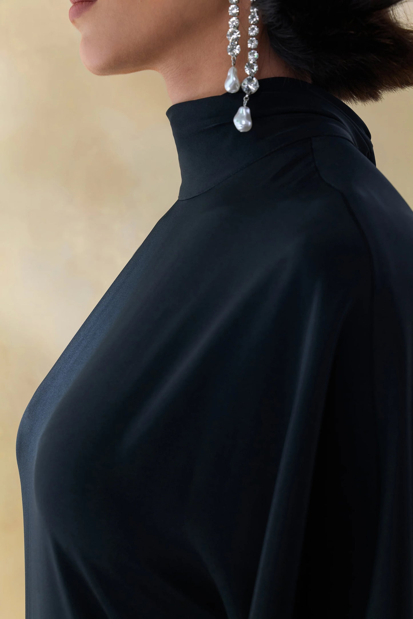 Lumisette Black Satin High-Neck Maxi Dress With Cape