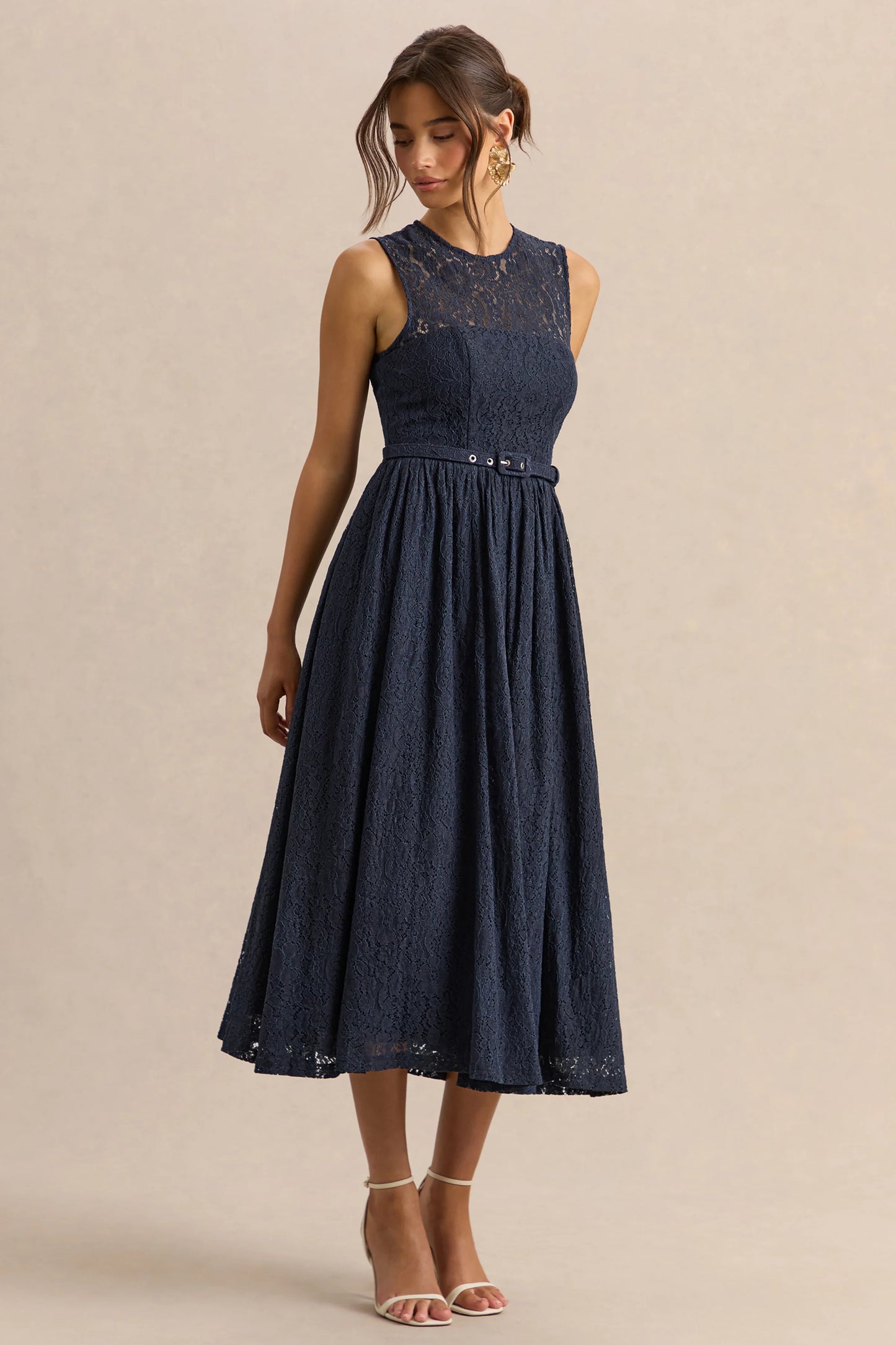 Anabella Navy Lace Crew-Neck Belted Midi-Dress