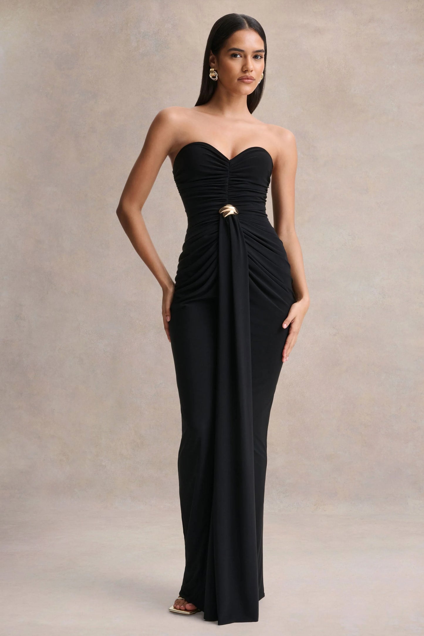 Beverly Black Bandeau Maxi Dress With Gathered-Detailing