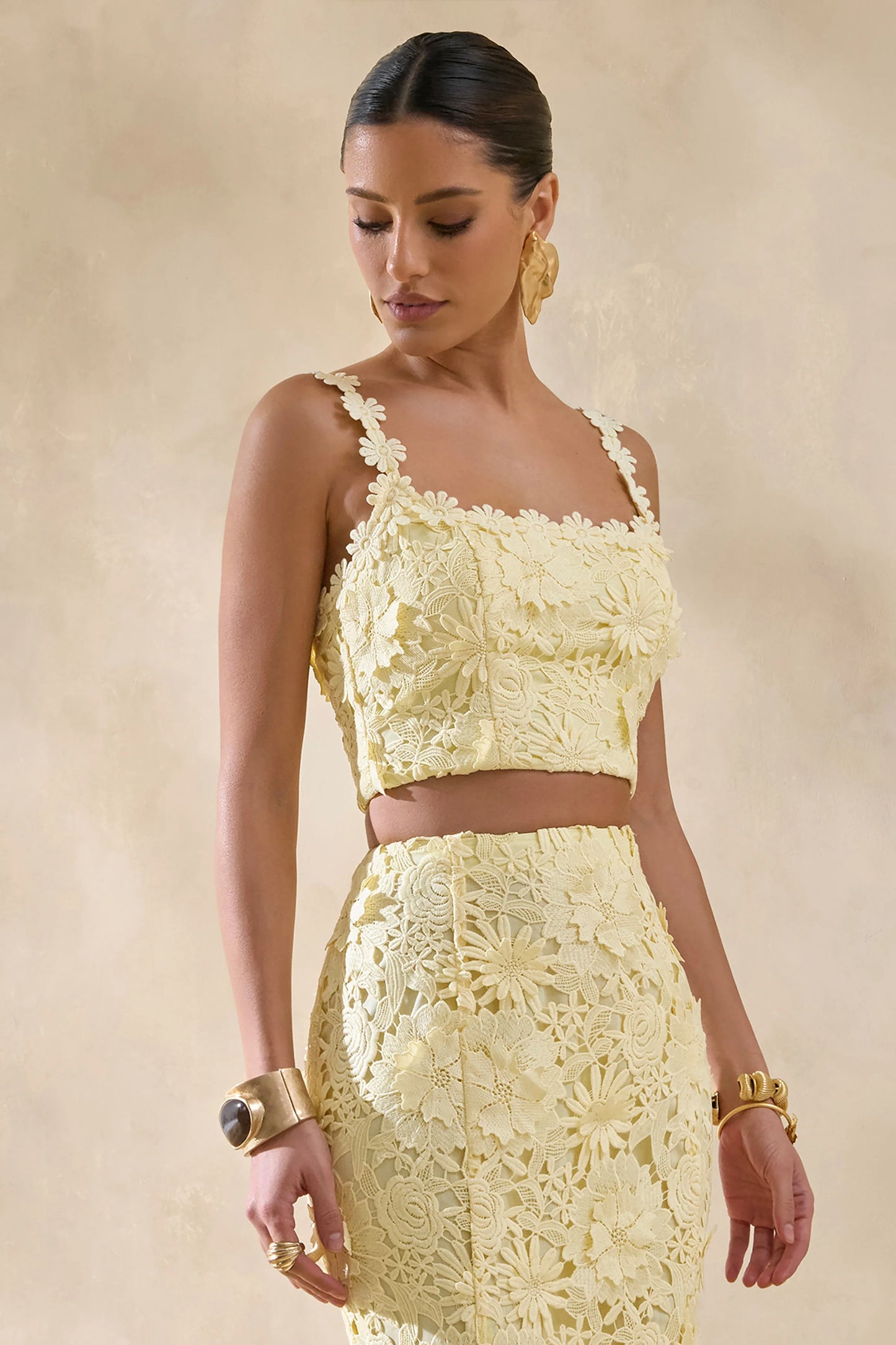 Blythe Lemon Lace Square-Neck Crop-Top