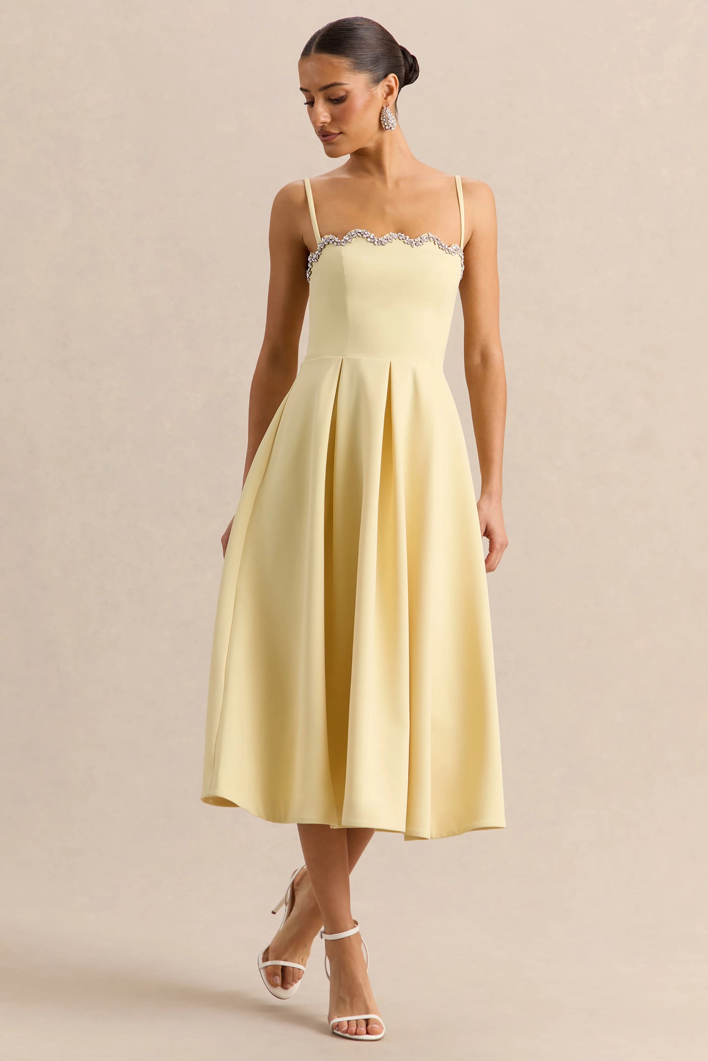 Evoria Lemon Scalloped Square-Neck Midi Dress