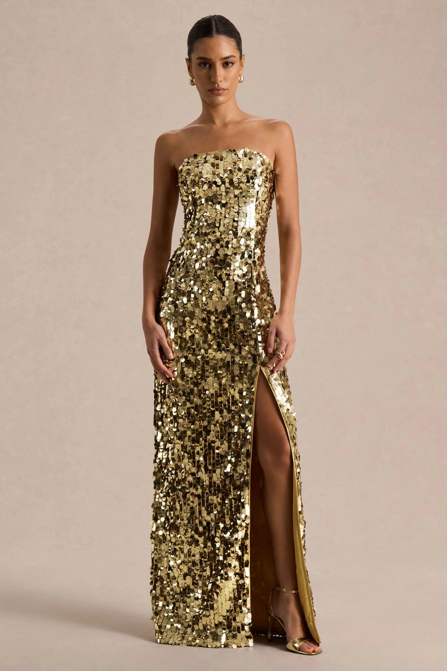 Nerea Gold Sequin Bandeau Maxi Dress With Front High-Split