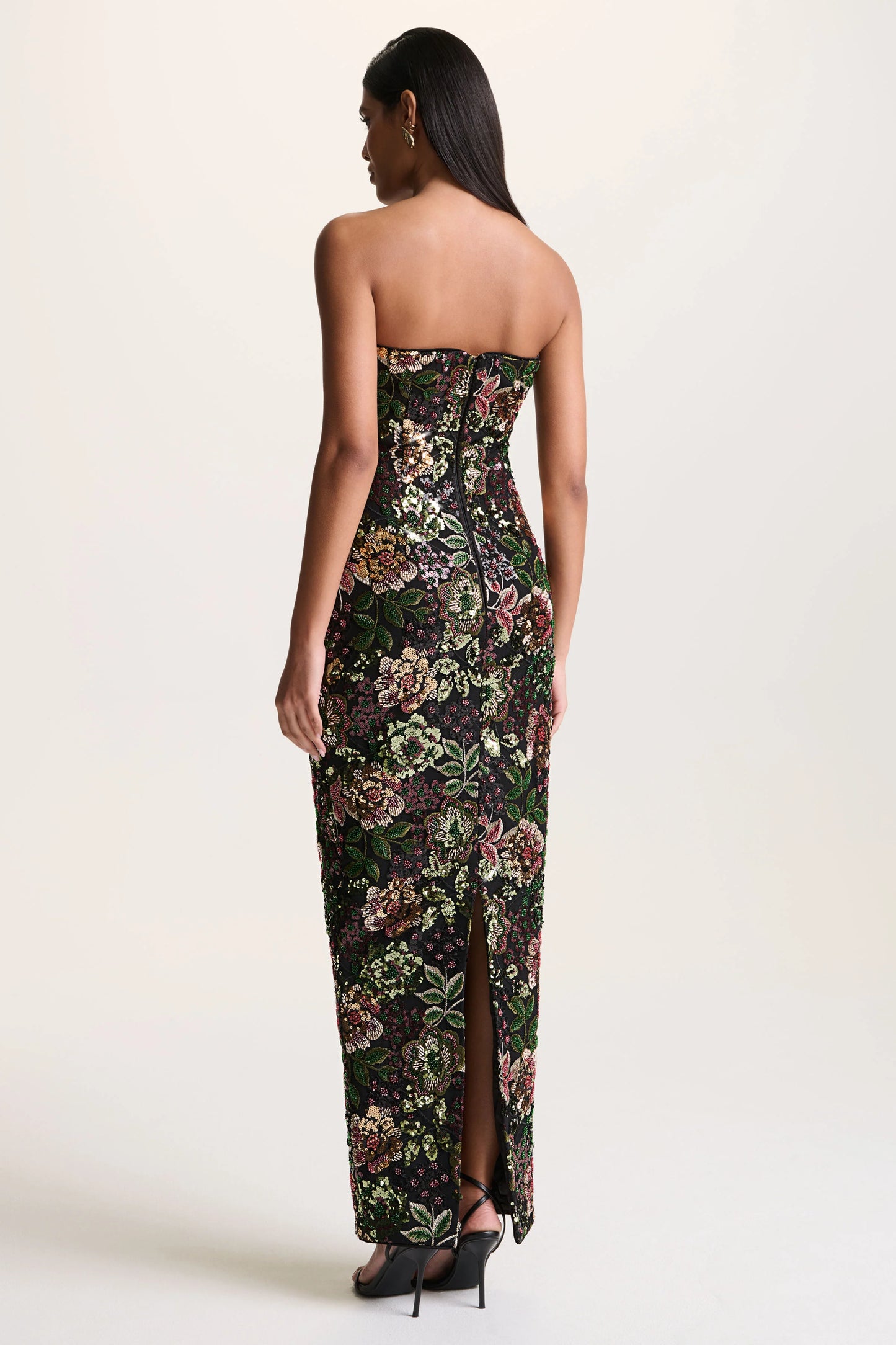Cora Winter Floral Embellished Mesh Bandeau Maxi Dress With Scarf
