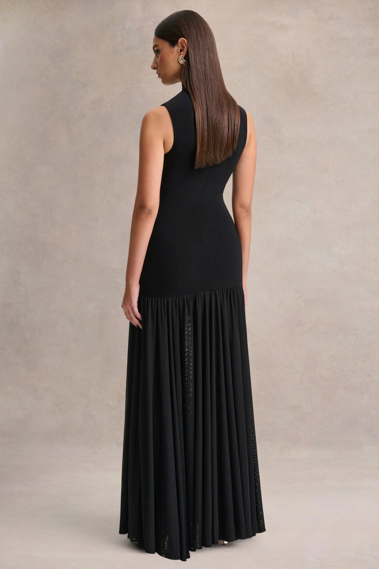 Gigi Black High-Neck Maxi Dress With Drop-Waist And Sheer Skirt