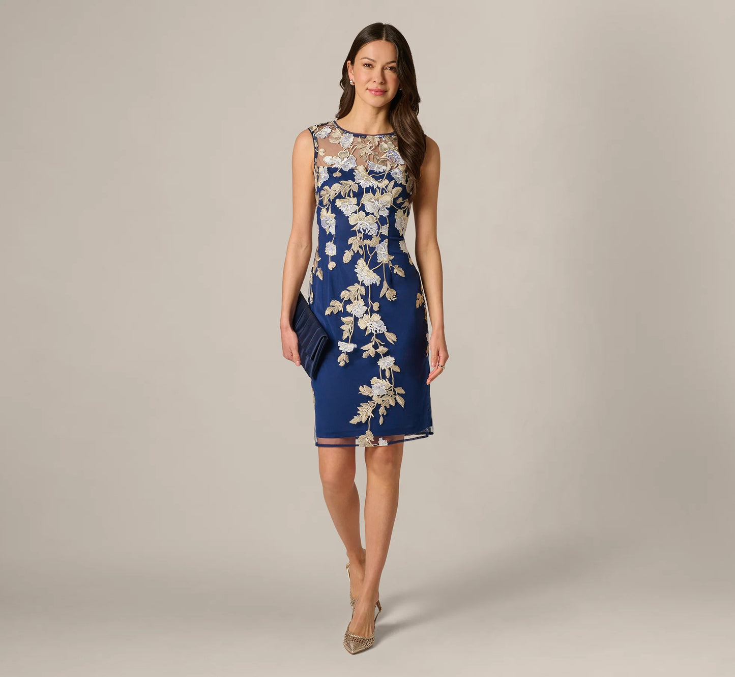 Sleeveless Illusion Floral Embroidery Sheath Dress In Navy Ecru