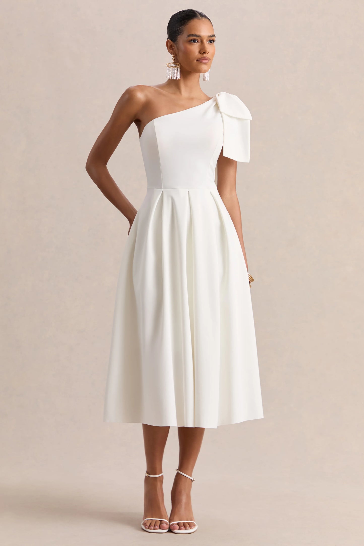 Meria White Asymmetric-Neck Midi Dress With Bow-Sleeve