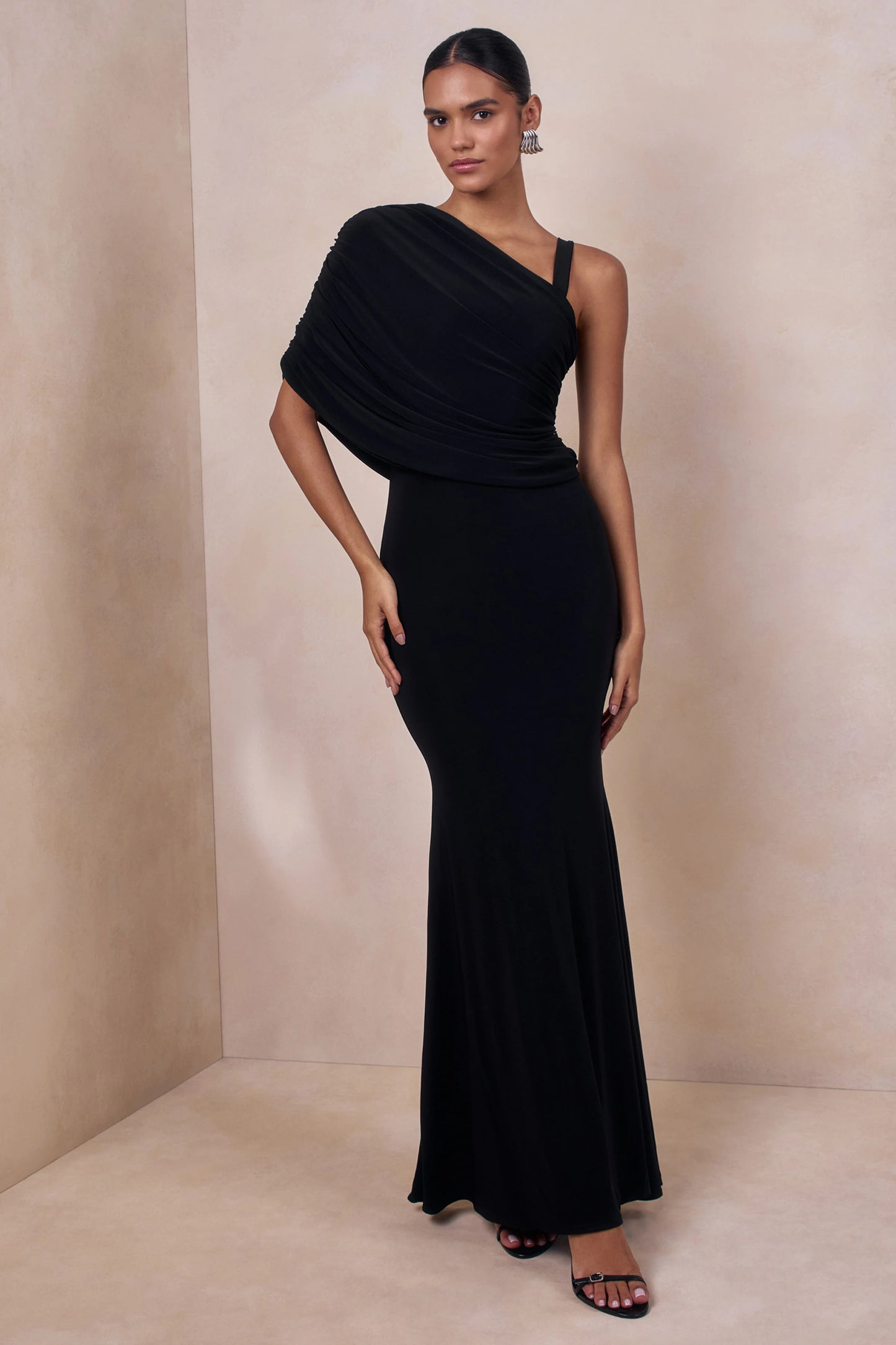Sylvie Black Asymmetric-Neck Maxi Dress