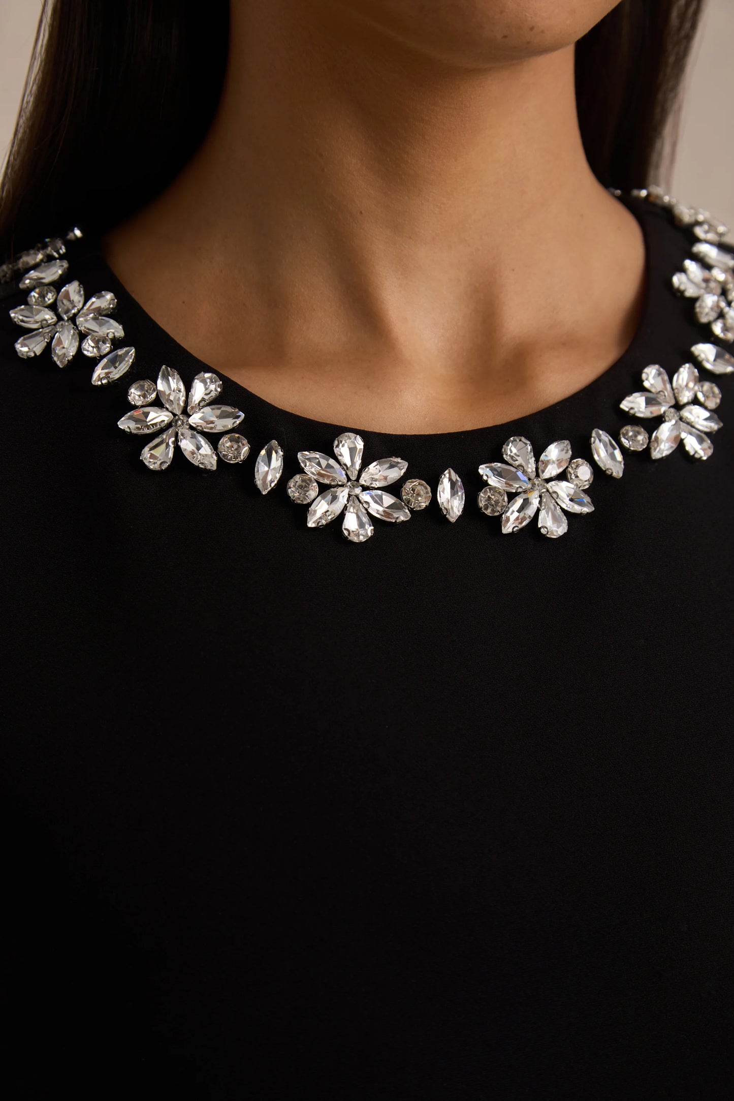 Nalani Black And White Crew-Neck Mini Dress With Embellishment And Ruffled Detailing