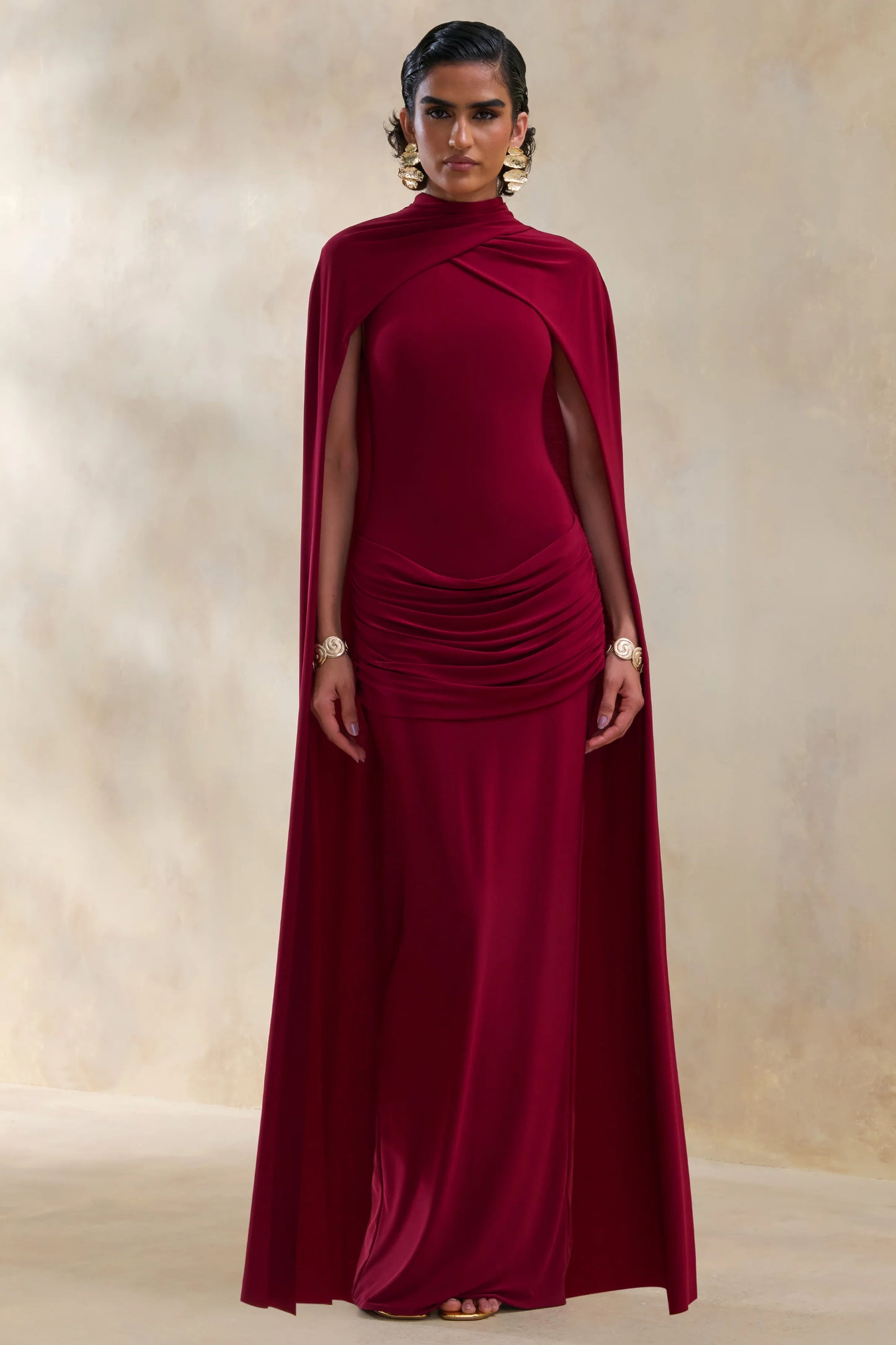Dianelle Berry High-Neck Maxi Dress With Cape-Sleeves