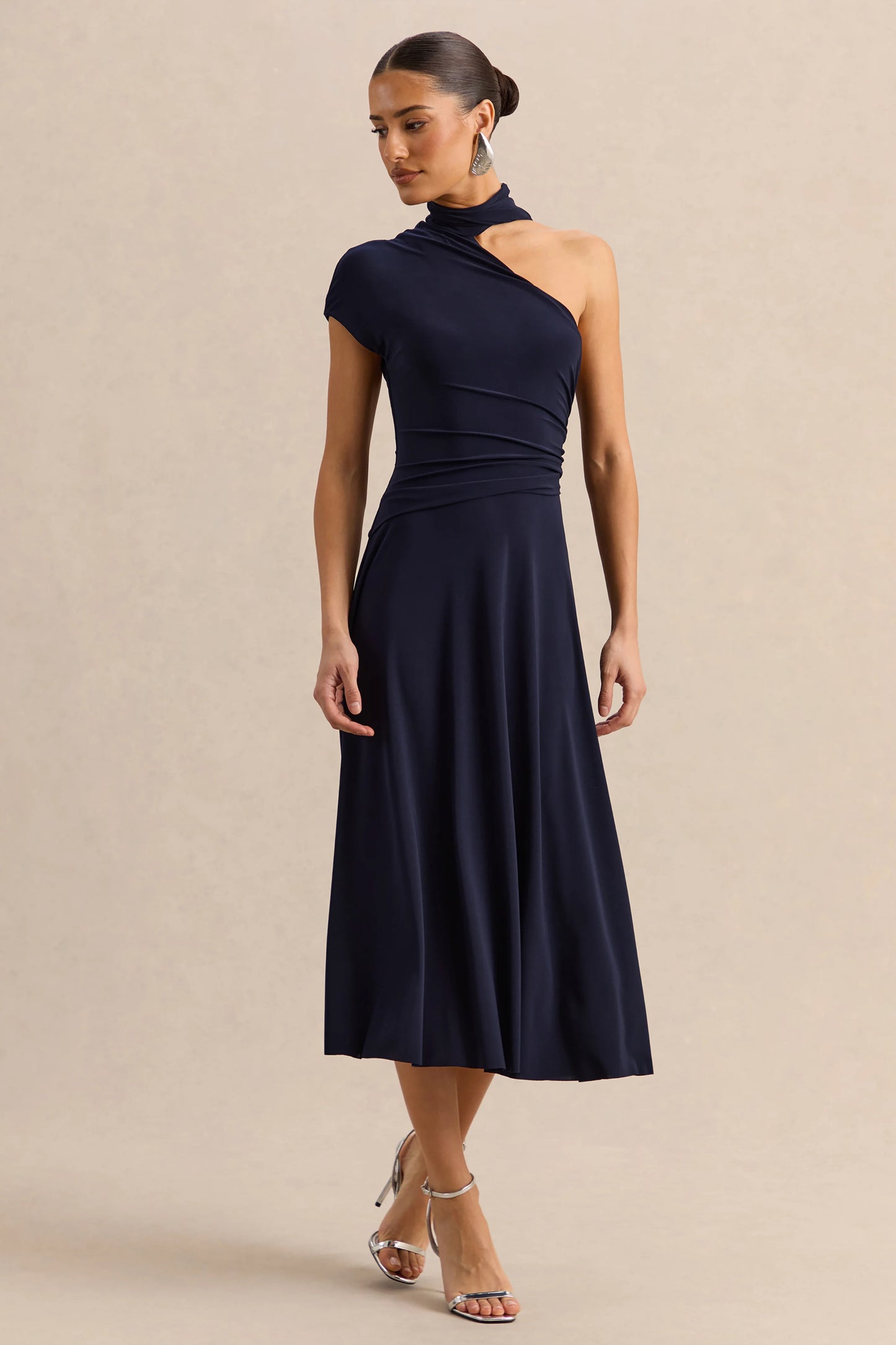 Lythara Navy Asymmetric-Neck Midi Dress With Scarf-Detail