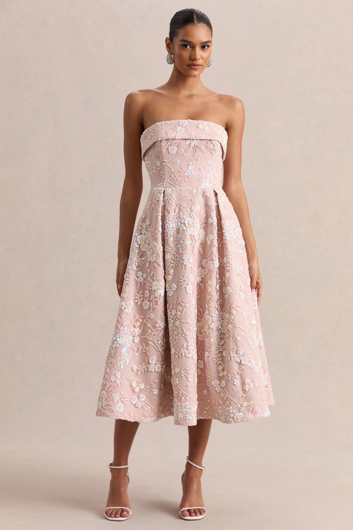 Amaris Pink Embellished Floral Bandeau Skater Midi Dress