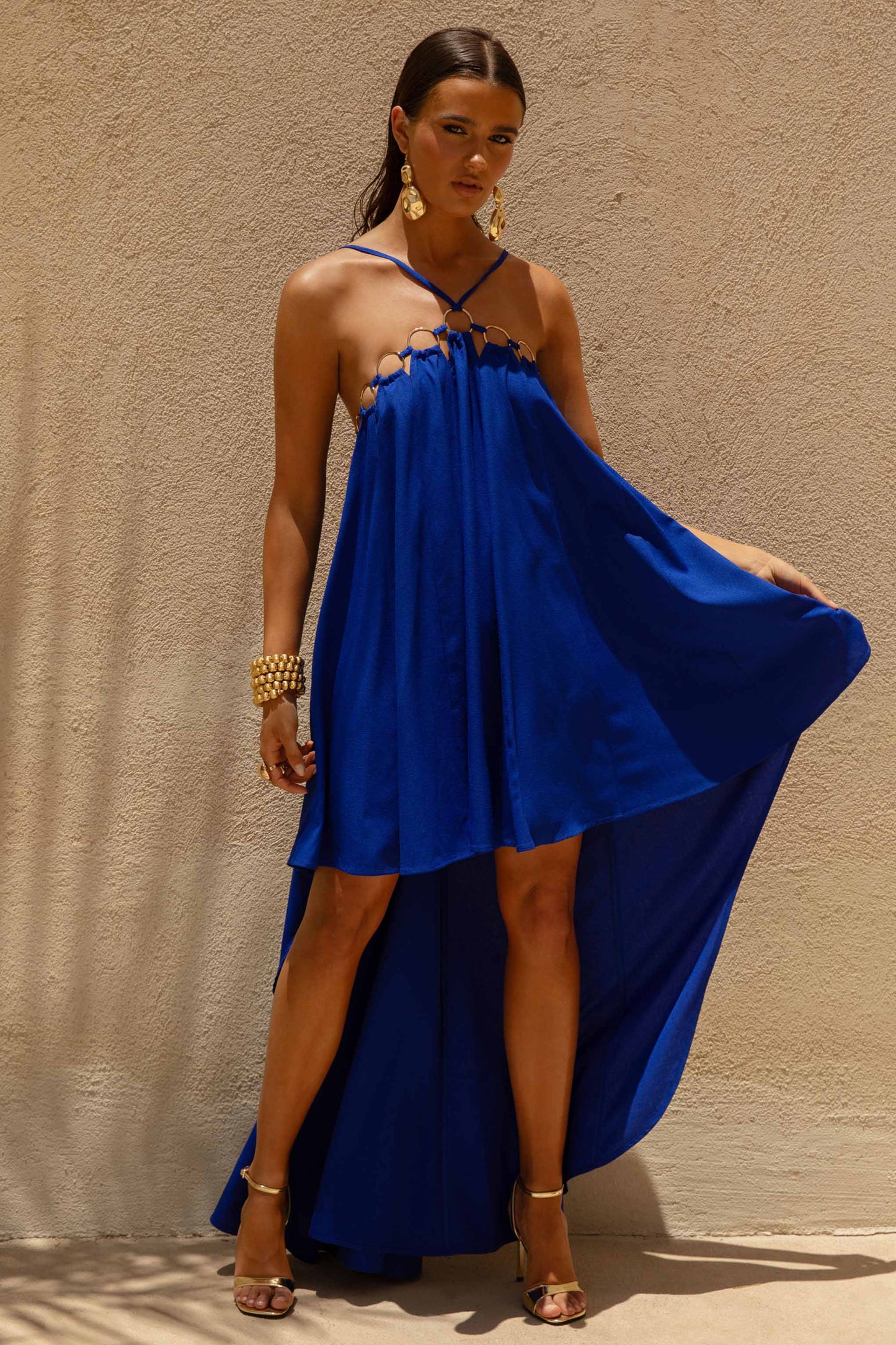 Amiya Blue A-Line Maxi Dress with Cut-Out Details