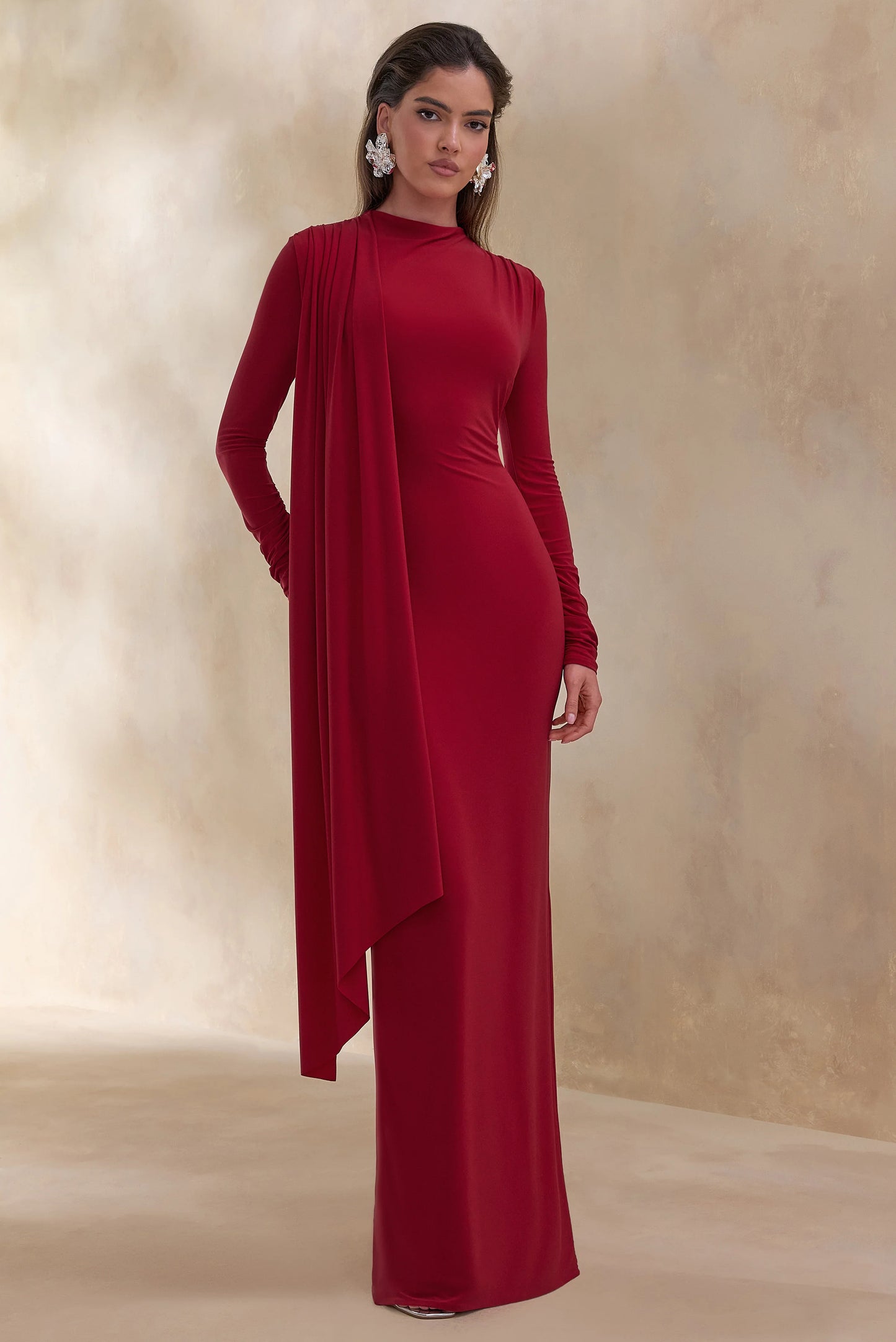 Amaria Red High-Neck Maxi Dress With Sash-Detail