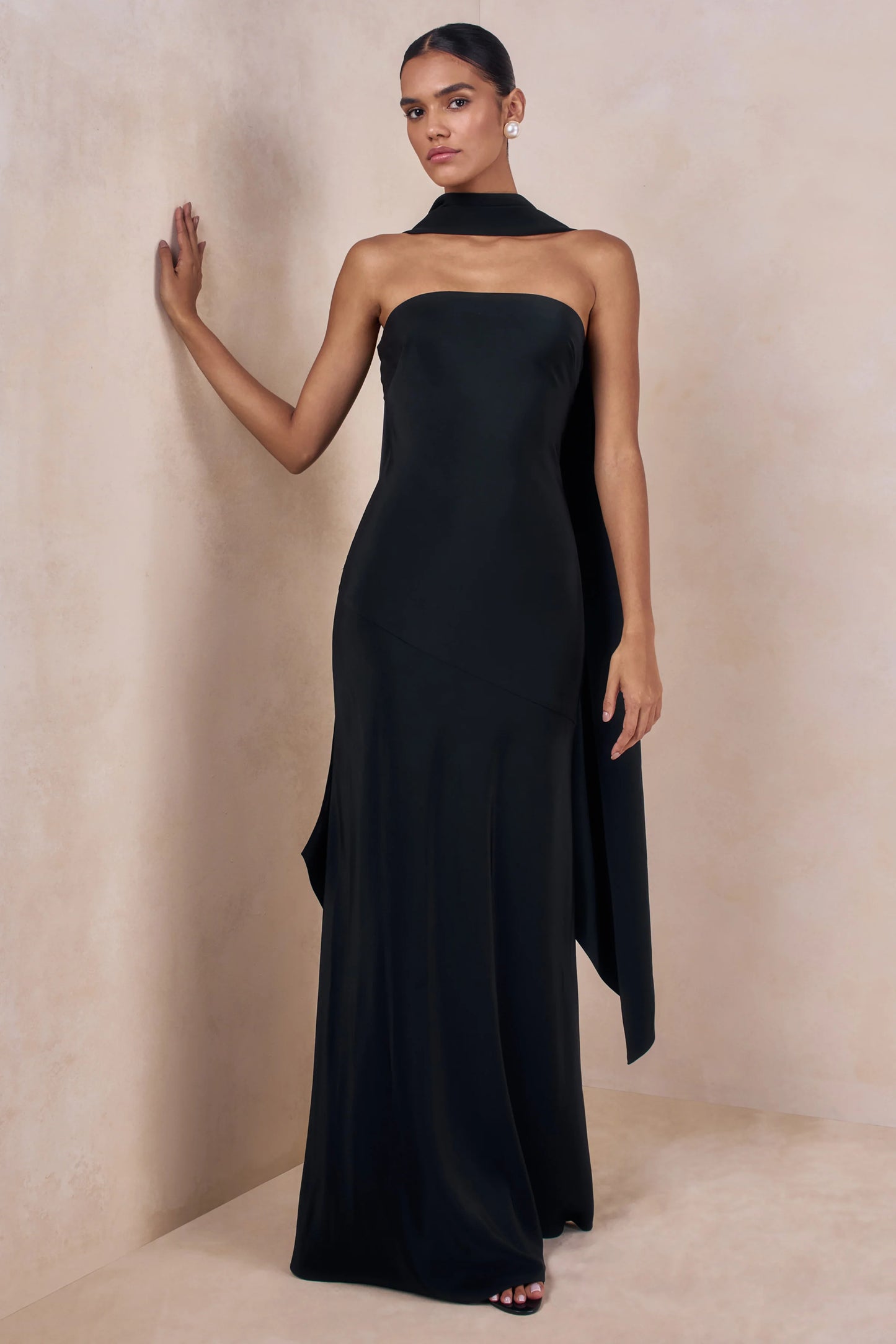 Charly Black Matte Satin Bandeau Maxi Dress With Scarf-Detail