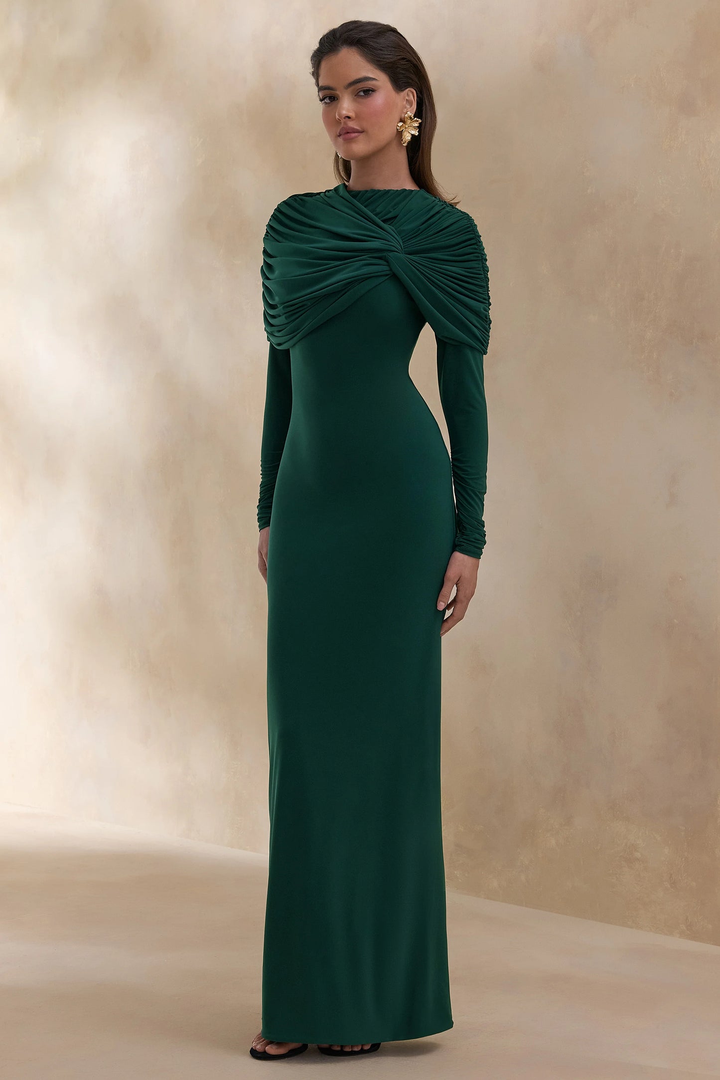 Evessa Dark Green High-Neck Maxi Dress With Gathered-Detailing