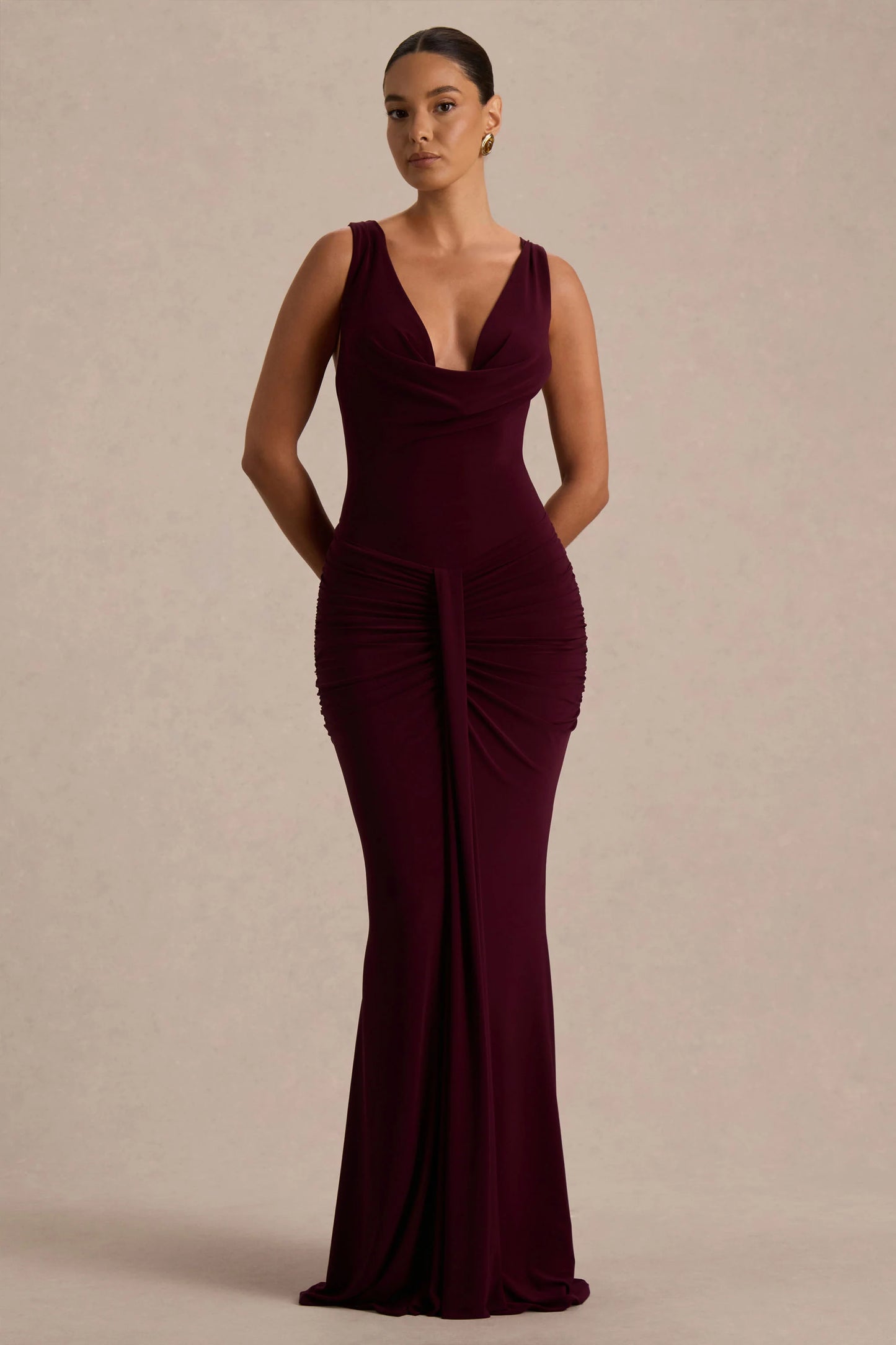 Mallie Burgundy Cowl-Neck Maxi Dress With Open-Back And Gathered-Detailing