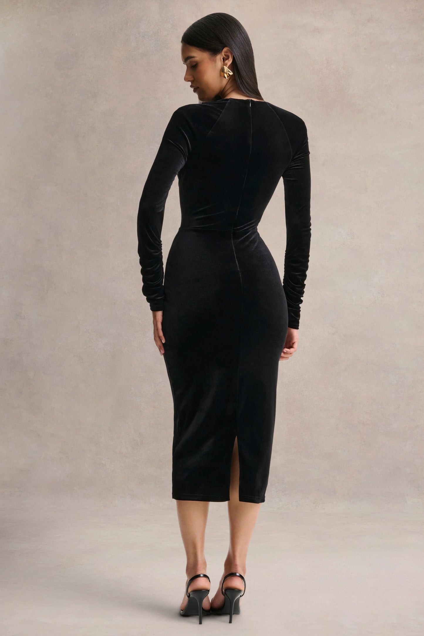 Francine Black Velvet Round-Neck Midi Dress With Cut-Out Details