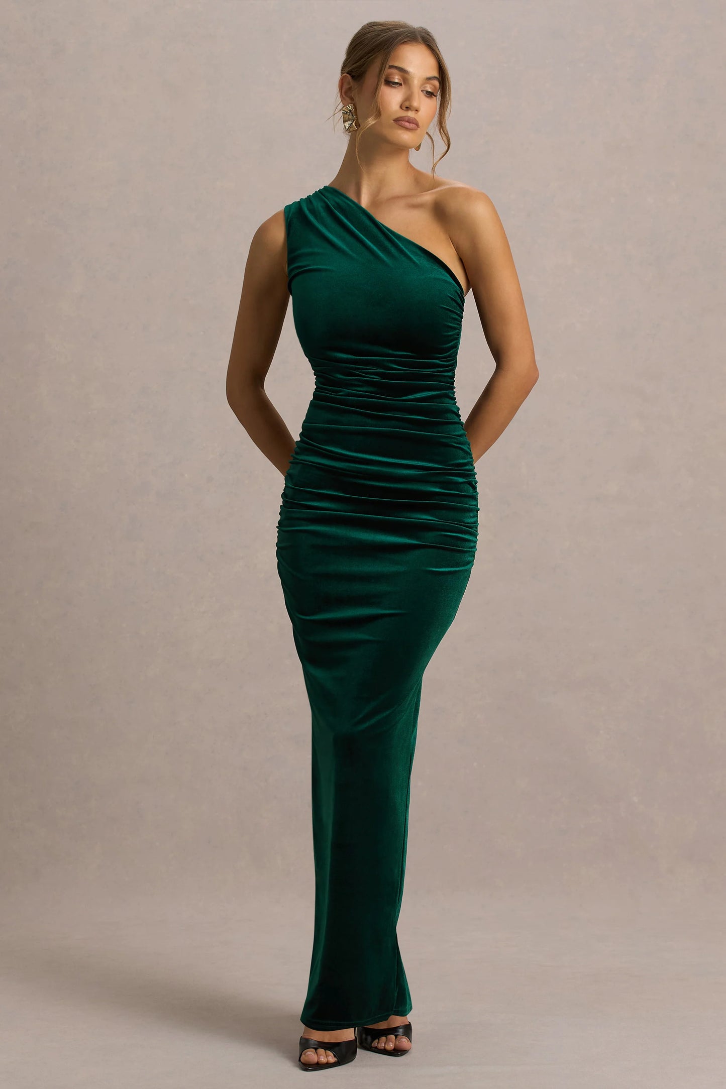 Treat Bottle Green Velvet Asymmetric-Neck Maxi Dress With Ruched Detailing
