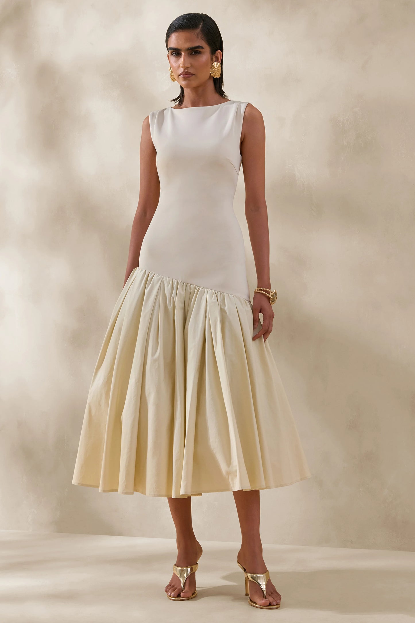 Fantasia Cream Boat-Neck Midi Dress With Asymmetric Drop-Waist