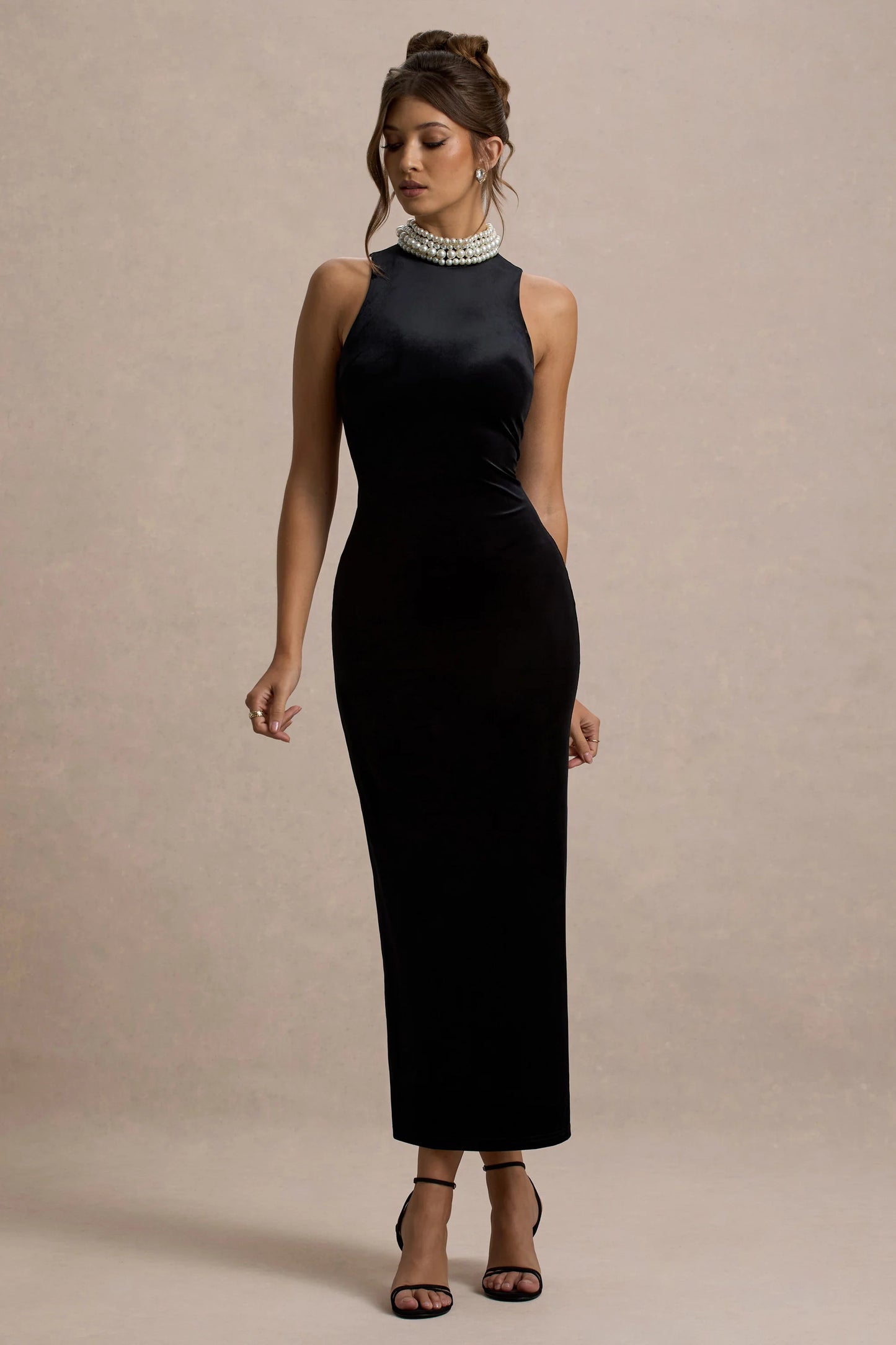 Audrine Black Velvet Embellished High-Neck Maxi Dress