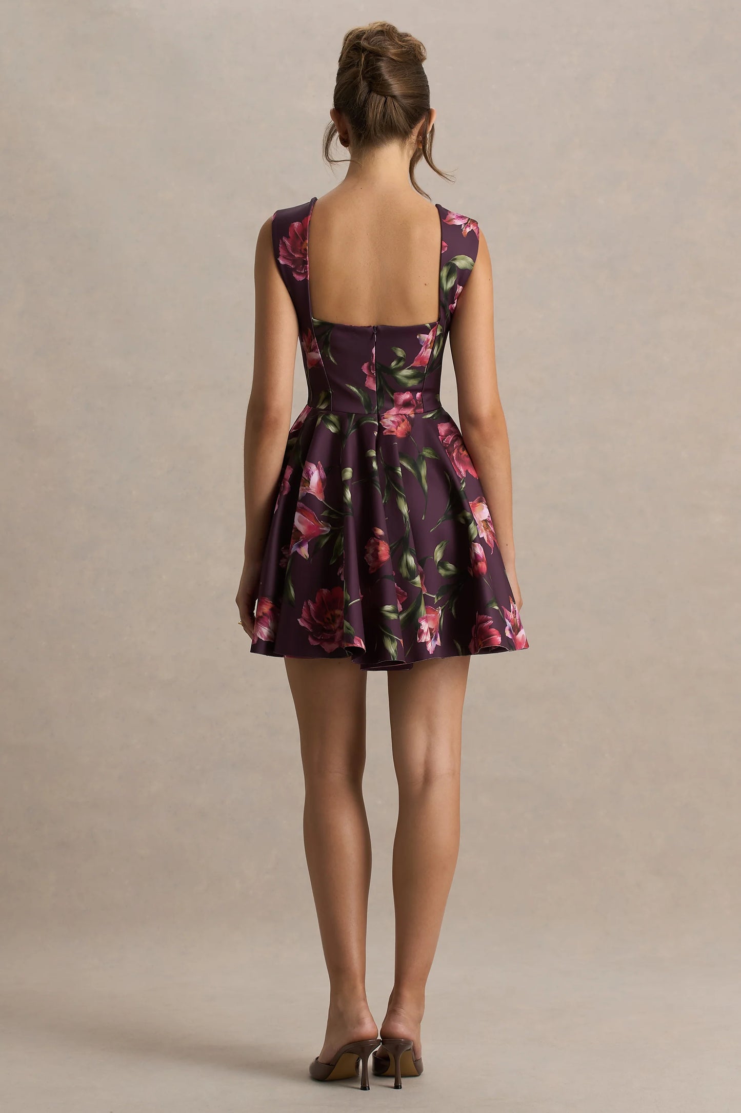 Magic Burgundy Floral Print Sweetheart-Neck Mini Dress.