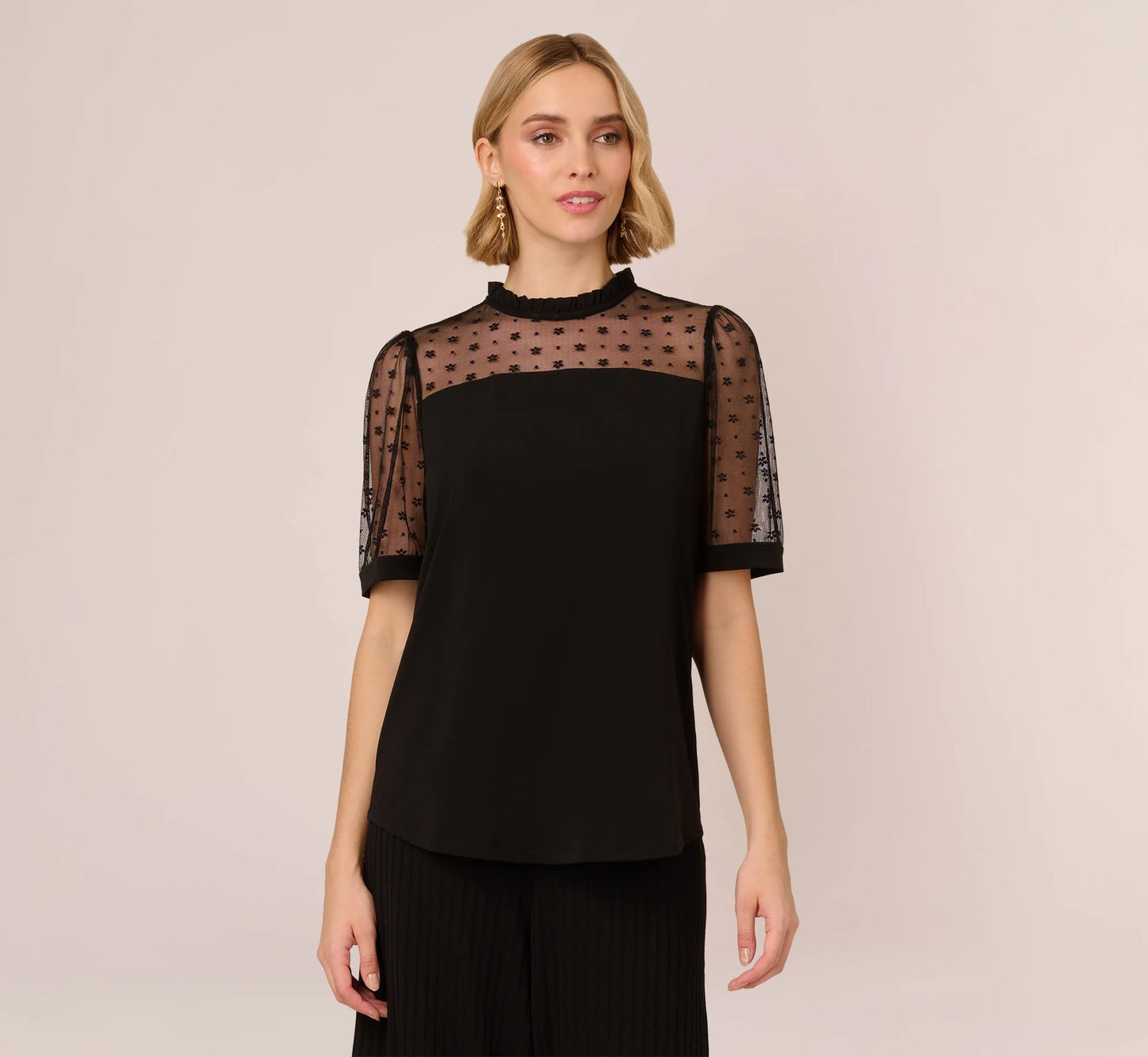 Ruffle Neck Top With Floral Mesh Short Sleeves In Black