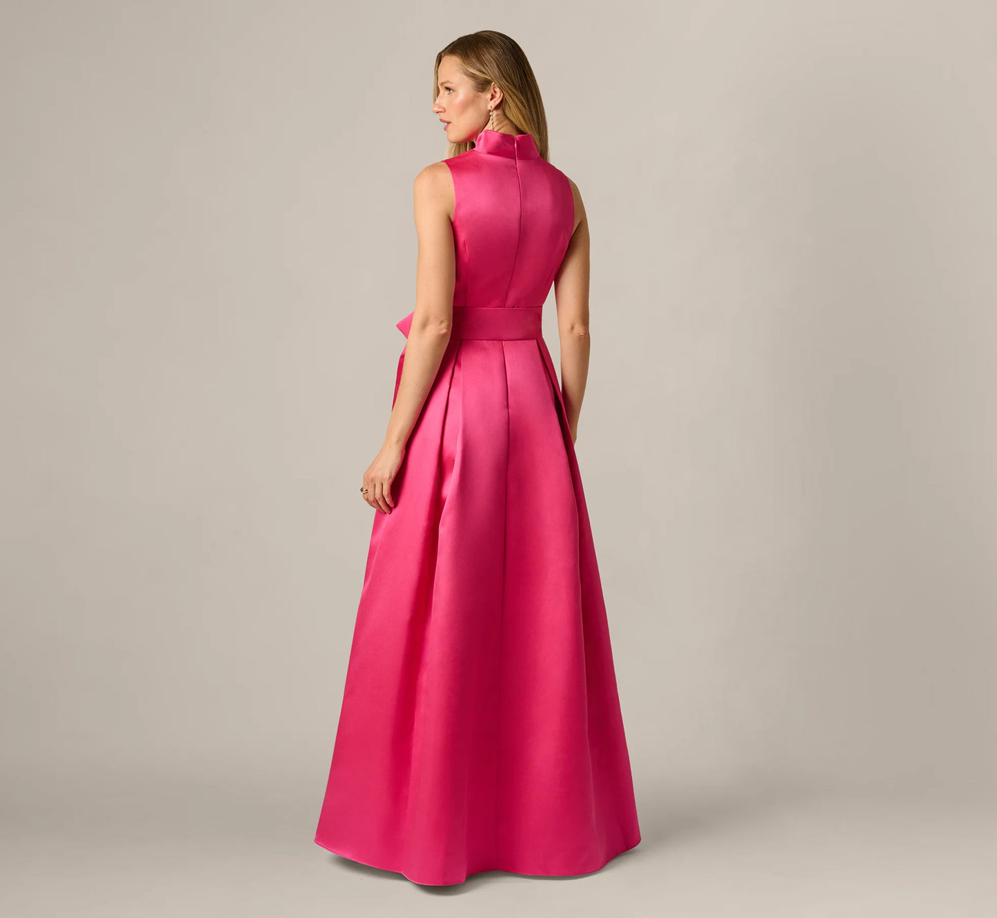 Sleeveless Queen Anne Tie Front Ballgown In Electric Pink