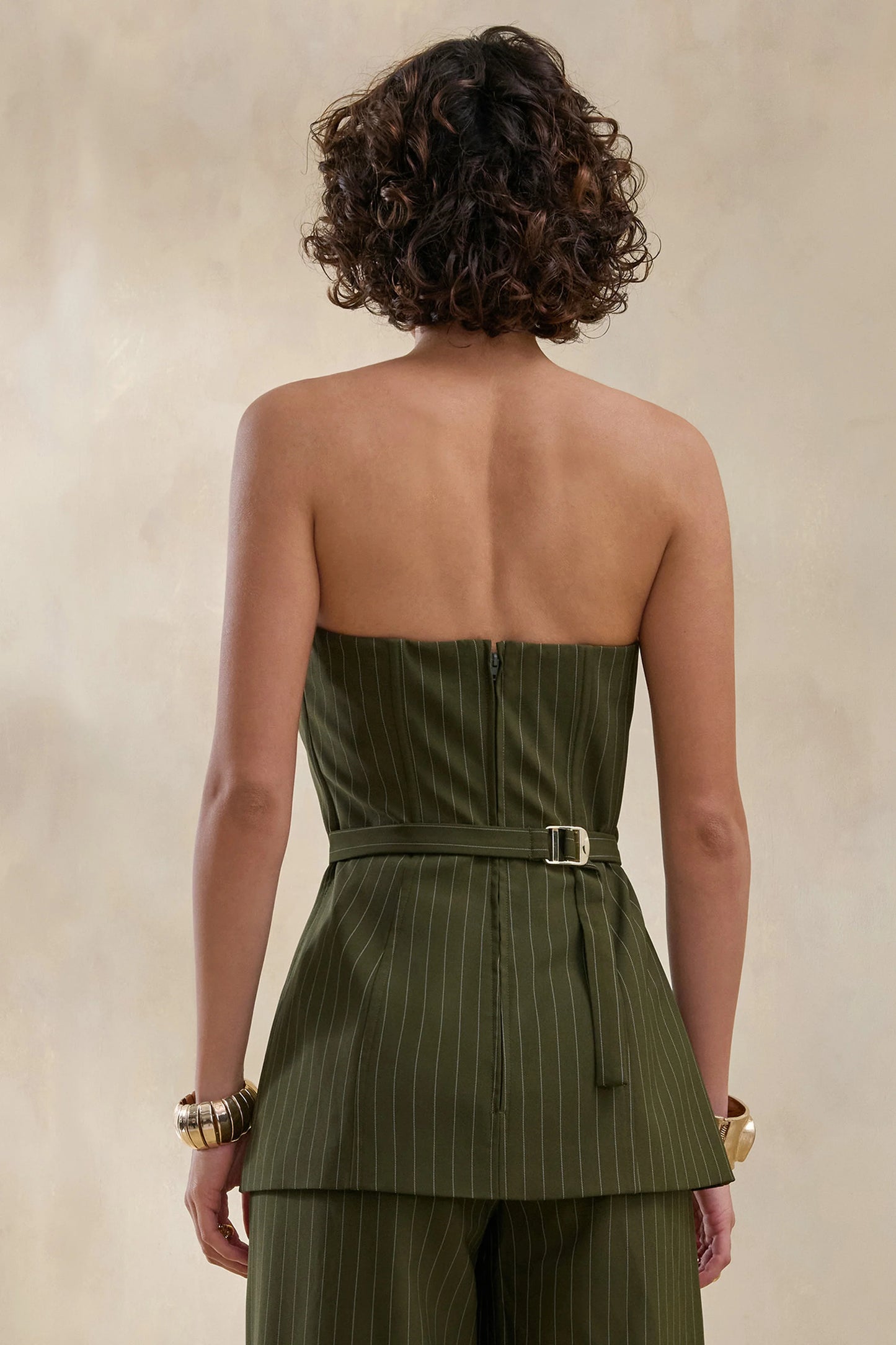 Fable Olive Pinstripe Bandeau Tailored-Top