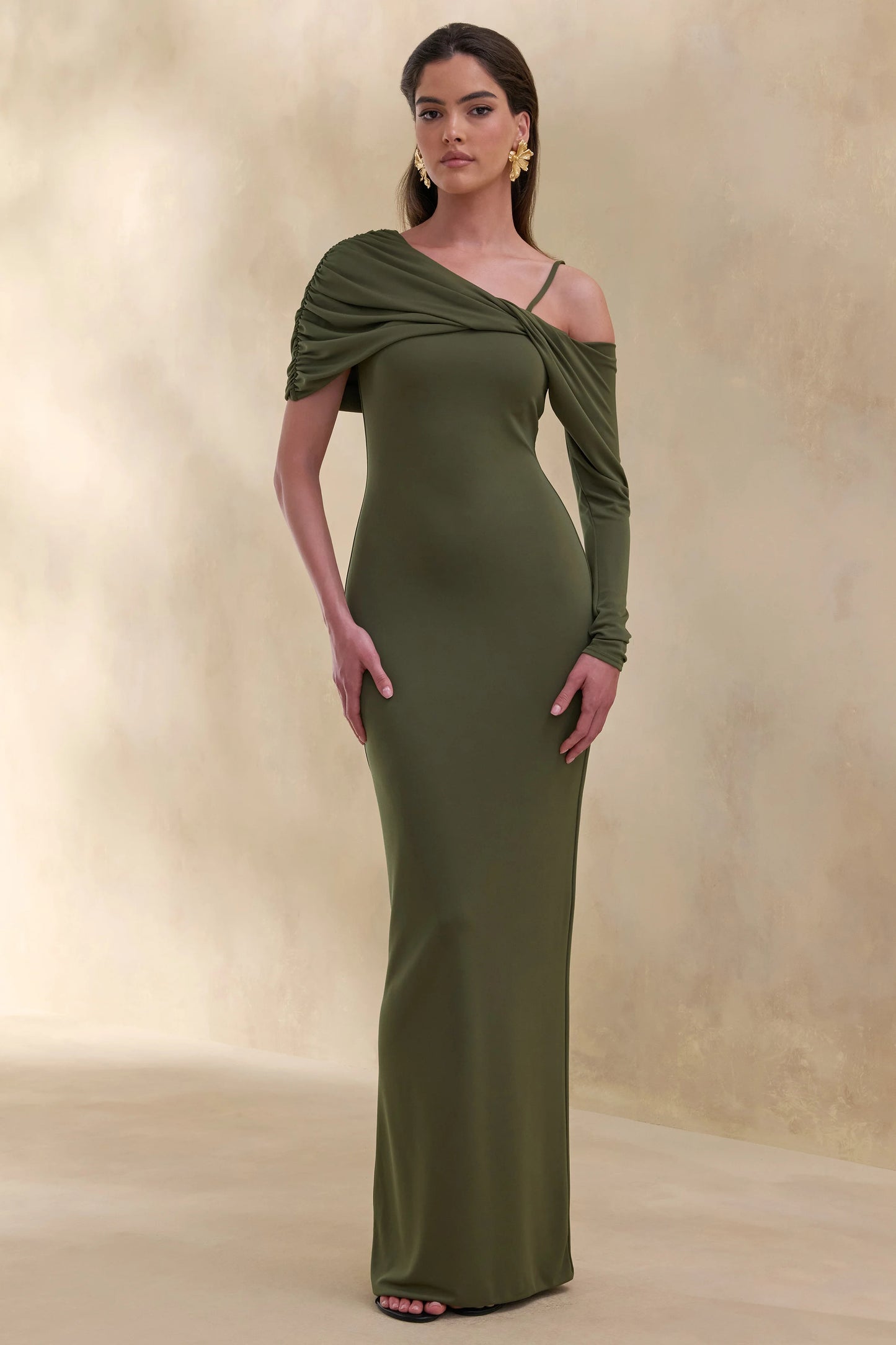 Silvaria Olive Twisted Asymmetric-Neck Maxi Dress
