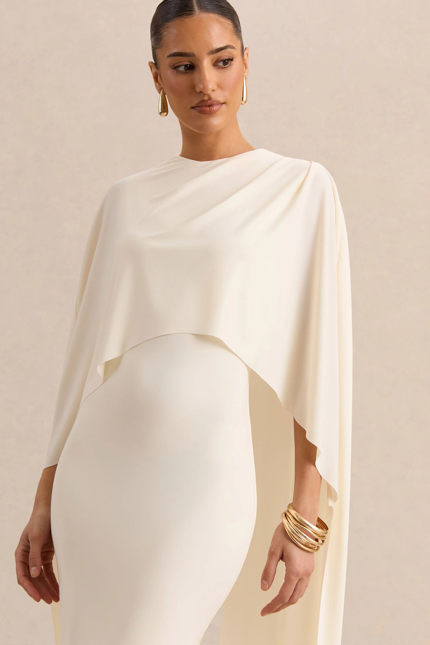 Luxalyn Cream Round-Neck Midi Dress With Cape-Detail