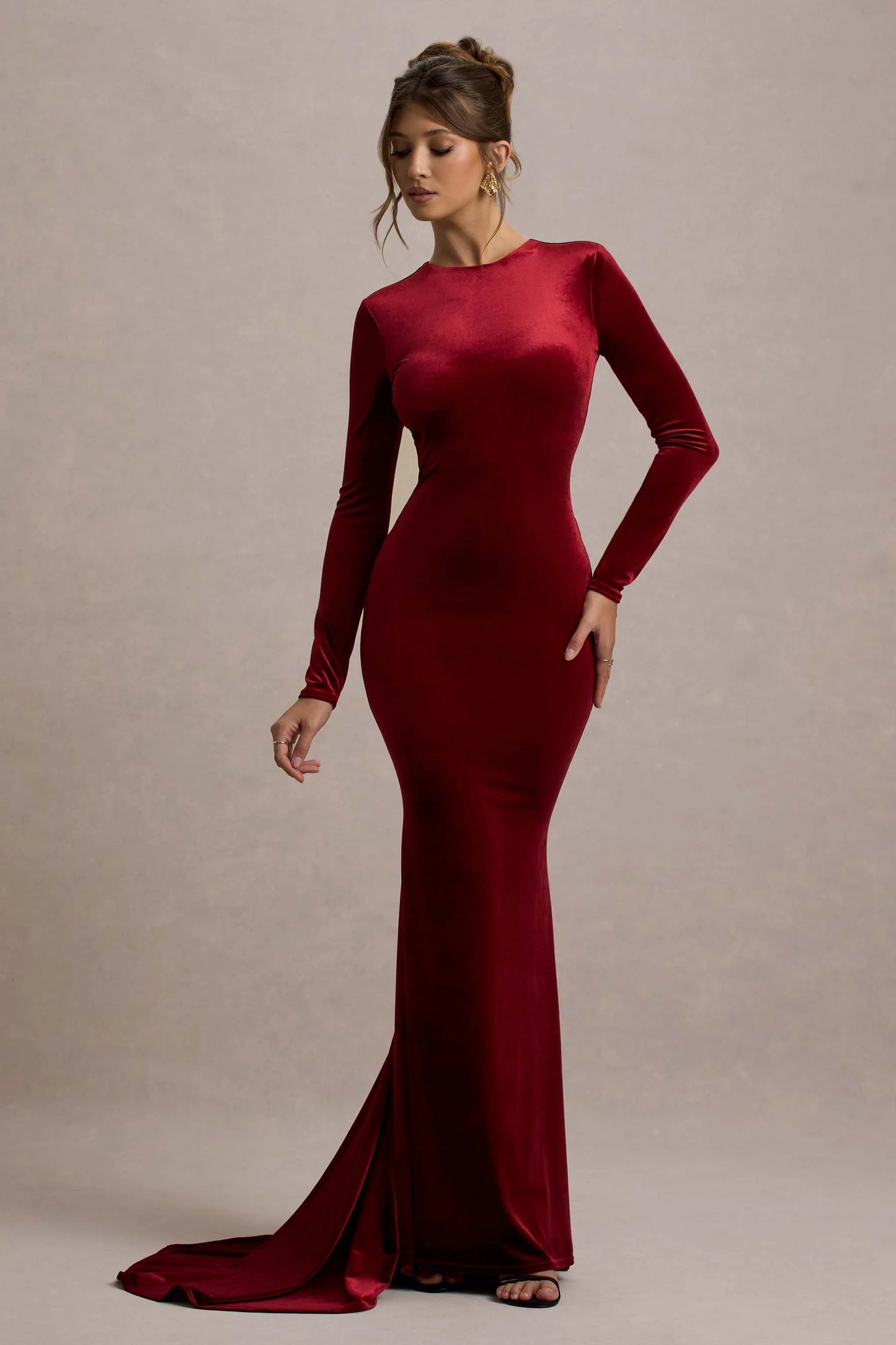 Keaton Berry Velvet Long-Sleeve Open-Back Maxi Dress