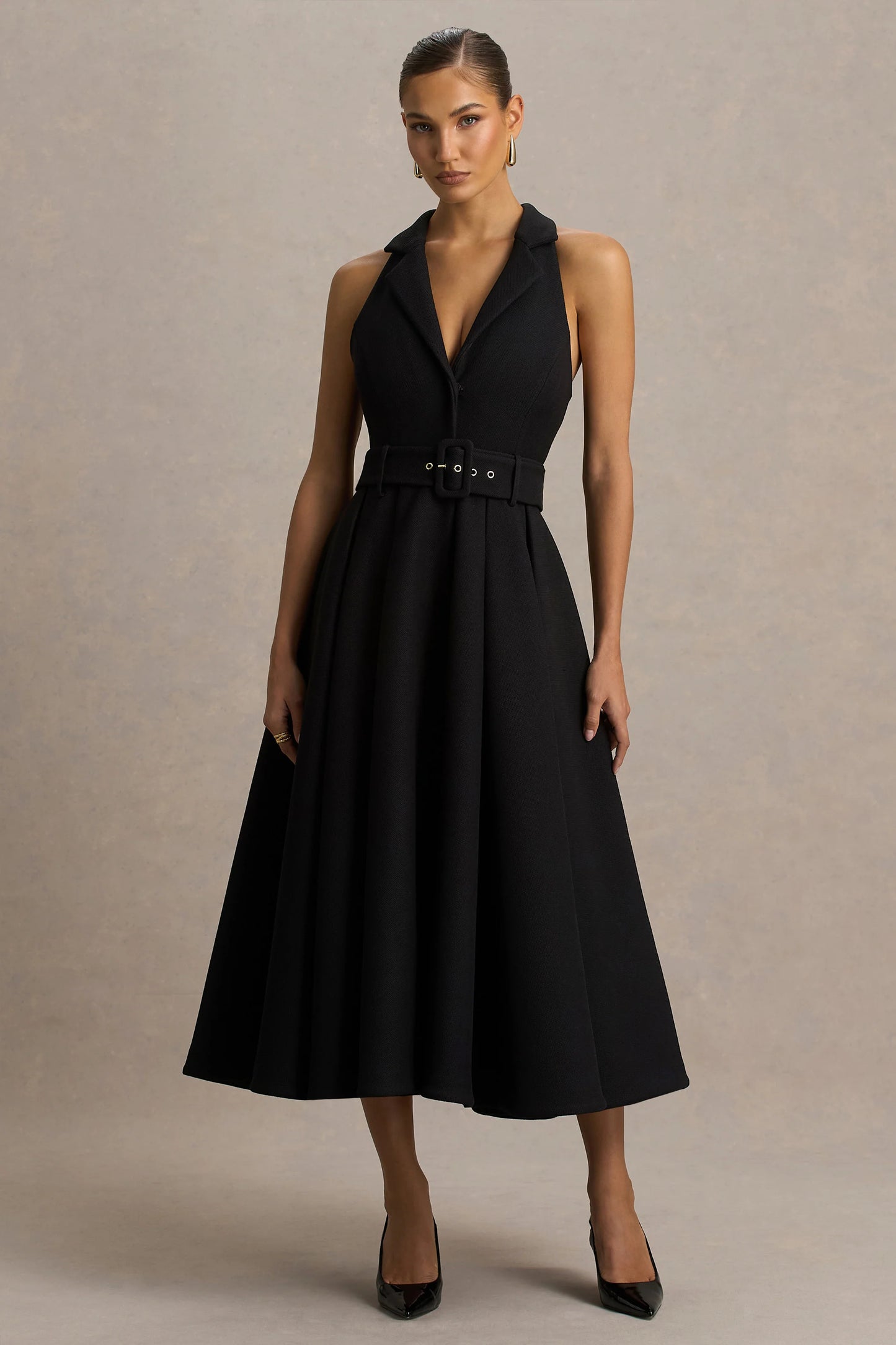 Alessa Black Plunge-Neck Tailored Midi Dress