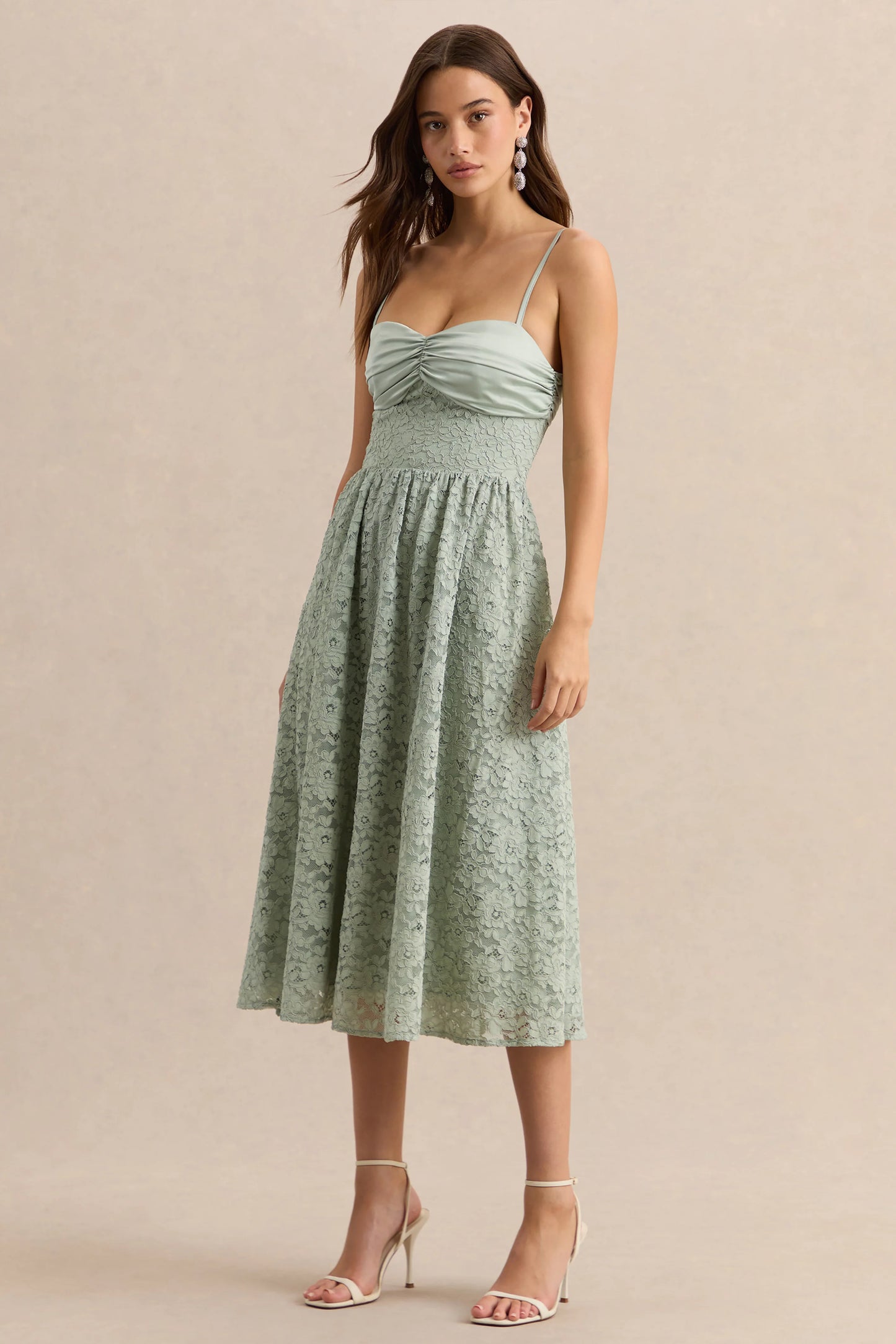 Gloriana Sage Lace Sweetheart-Neck Midi Dress