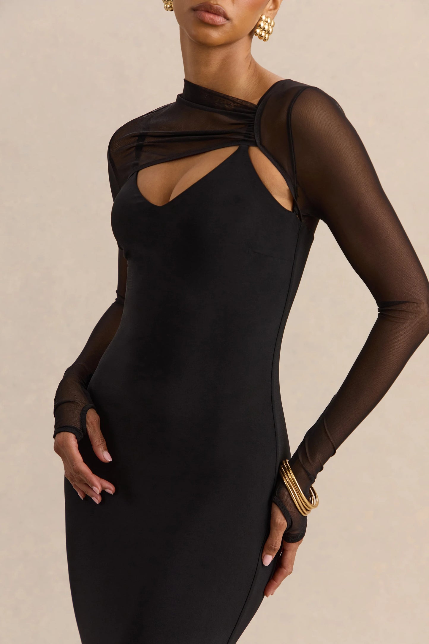 Coralia Black Asymmetric-Neck Maxi Dress With Mesh Long-Sleeves