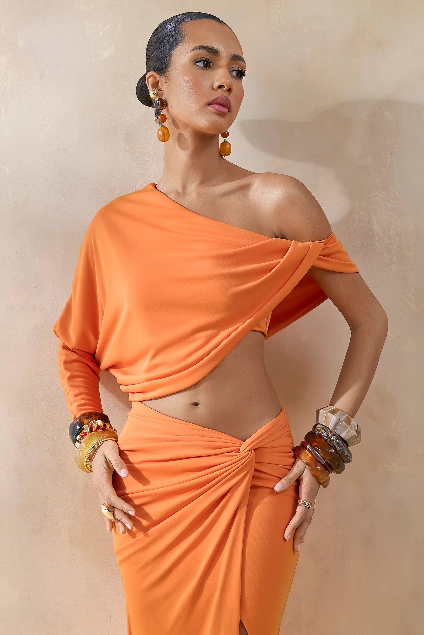Dua Orange Asymmetric One-Sleeve Draped Top