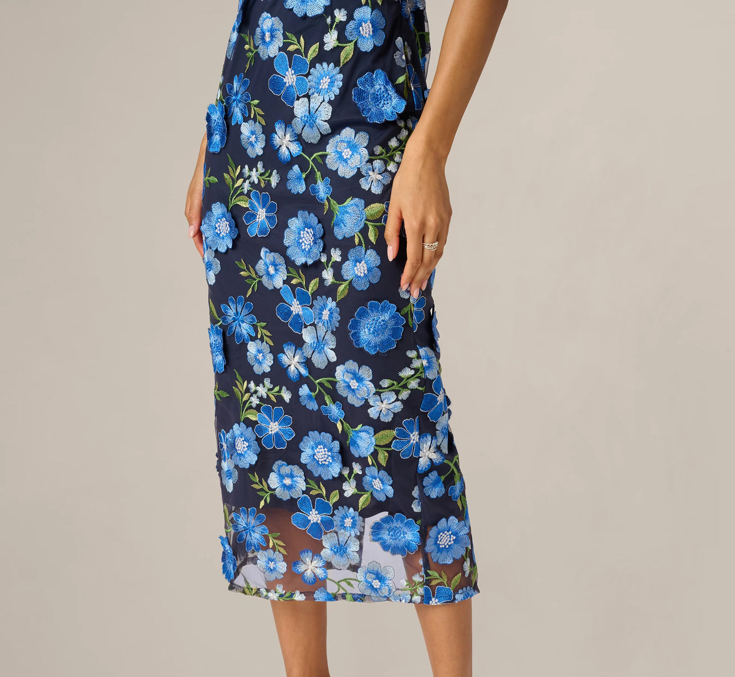 Cape Sleeve Floral Embroidered Midi Dress In Blue Multi