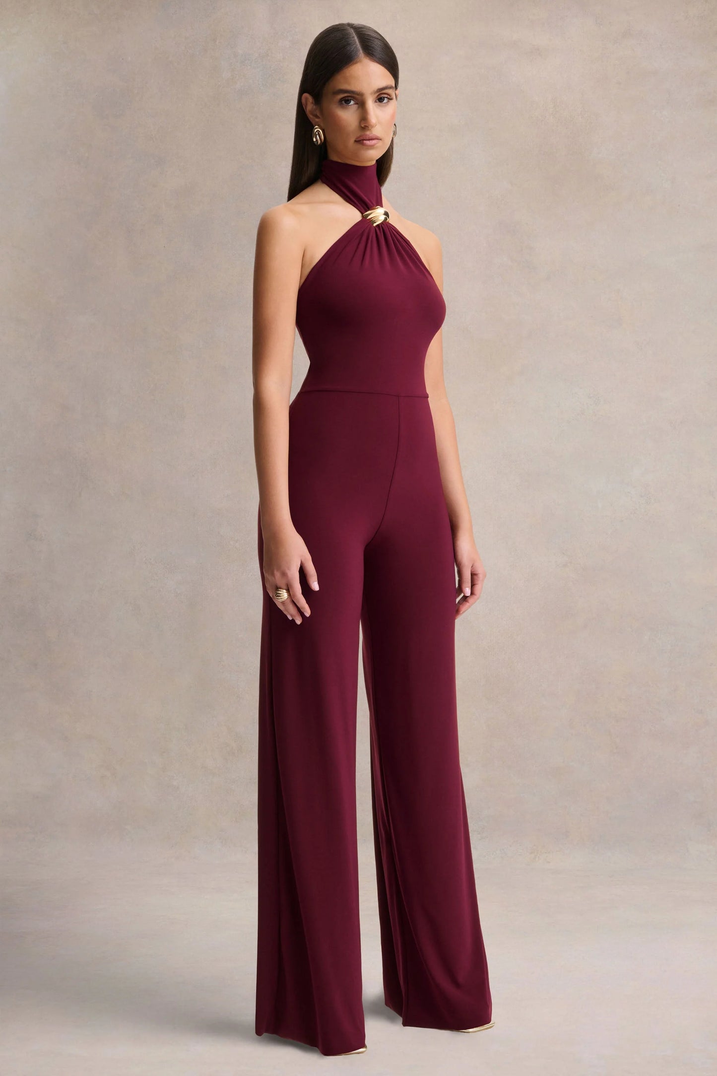 Gwen Burgundy High-Neck Jumpsuit With Gold-Detail