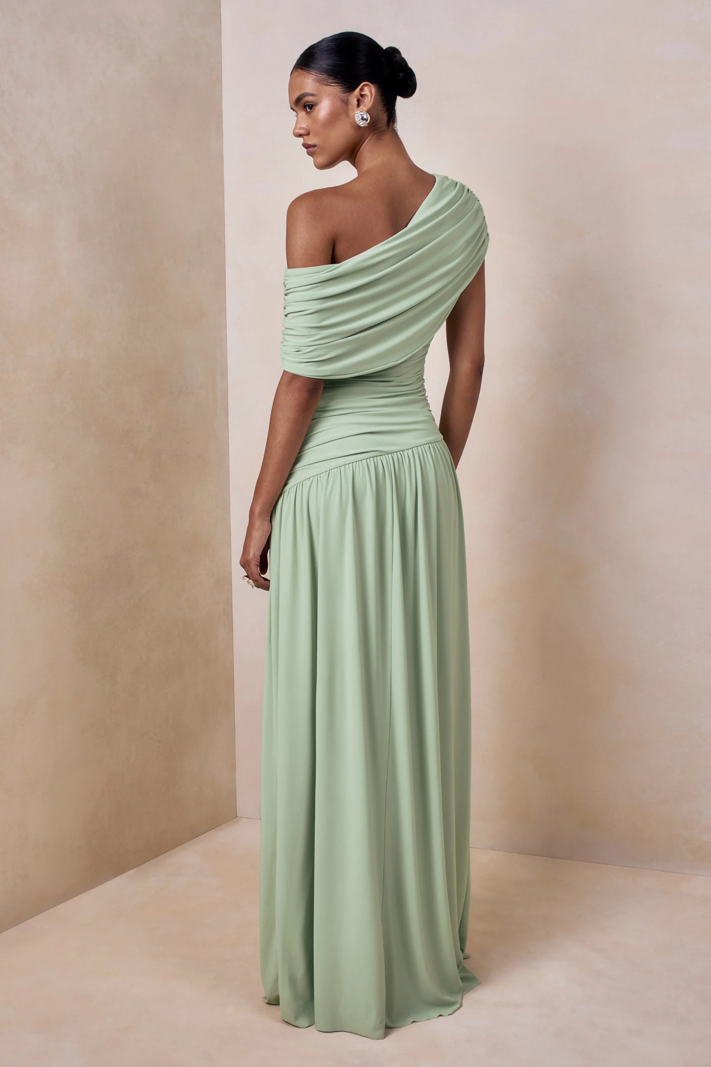 Emberly Green Draped Asymmetric-Neck Maxi Dress With Drop-Waist